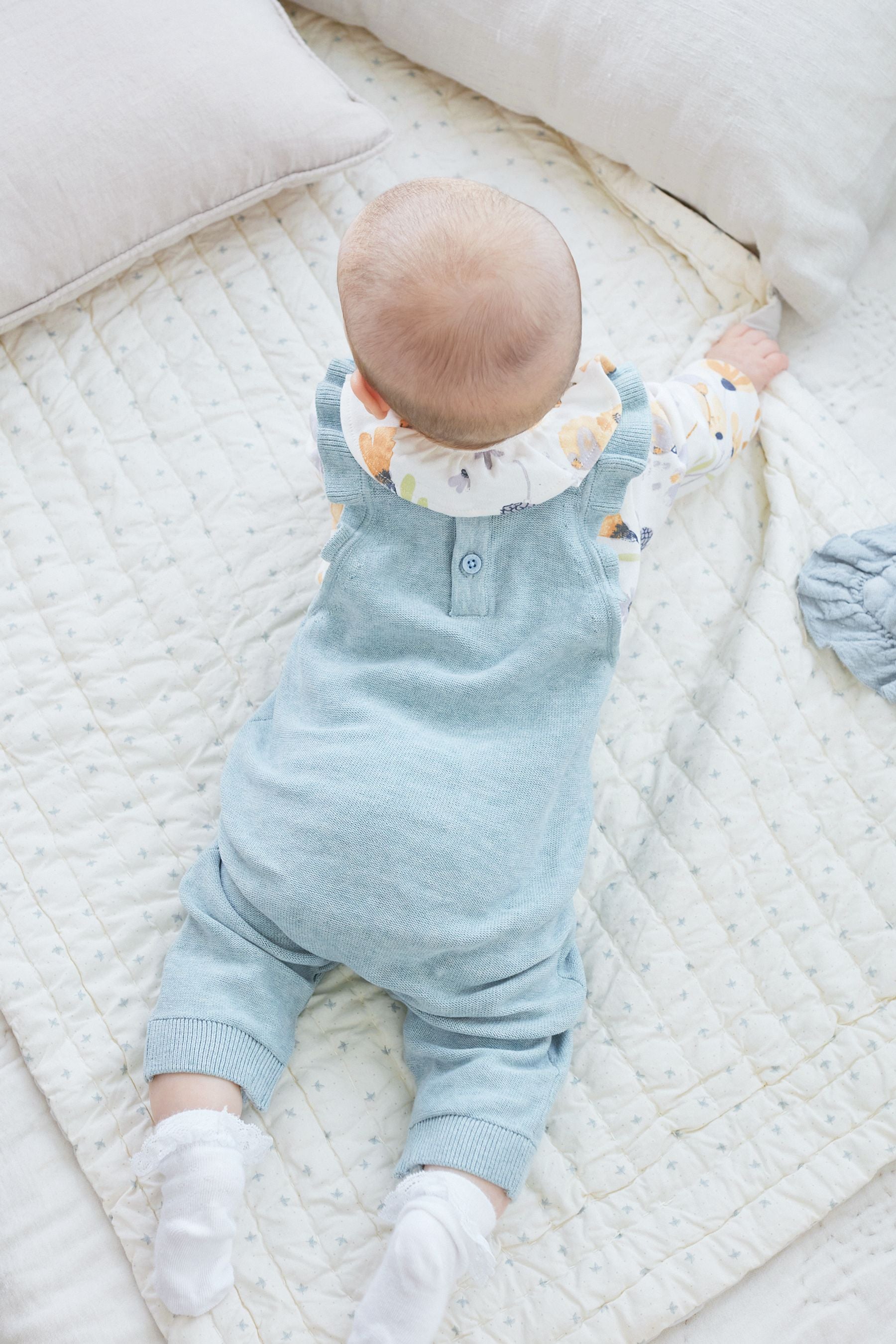 Teal Blue Knitted Supersoft Baby Dungarees With Floral Printed Collared Bodysuit (0mths-2yrs)