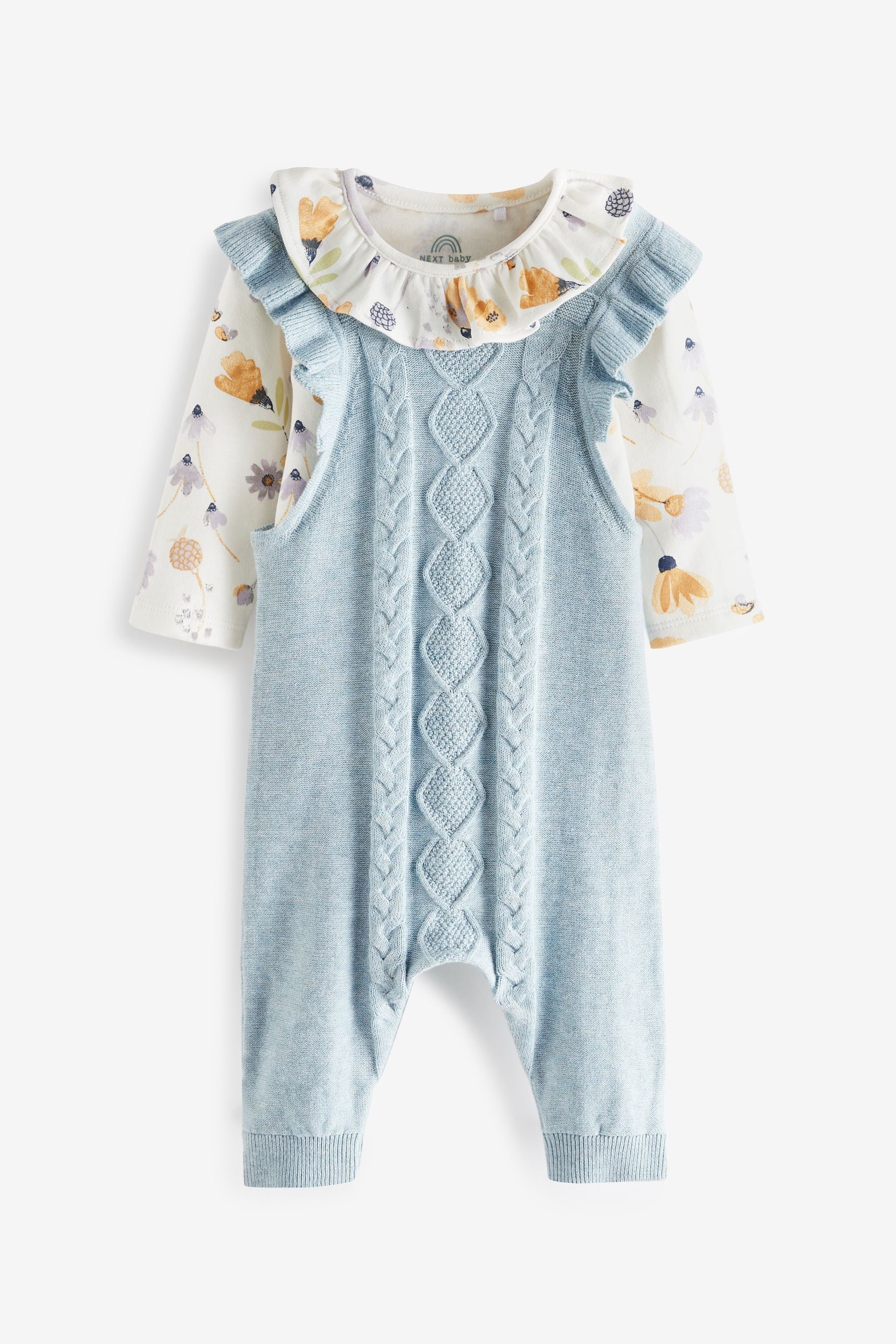 Teal Blue Knitted Supersoft Baby Dungarees With Floral Printed Collared Bodysuit (0mths-2yrs)