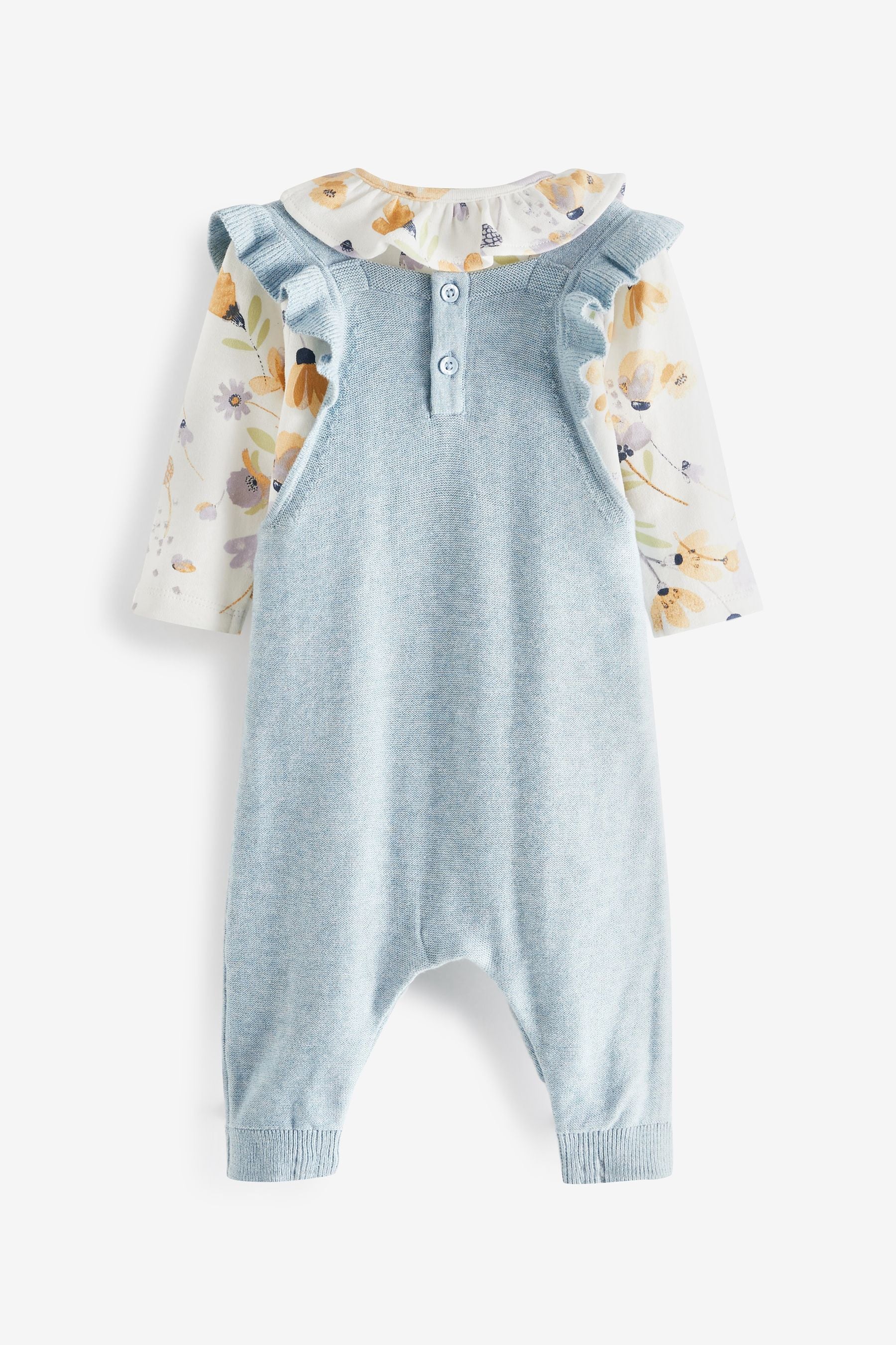 Teal Blue Knitted Supersoft Baby Dungarees With Floral Printed Collared Bodysuit (0mths-2yrs)