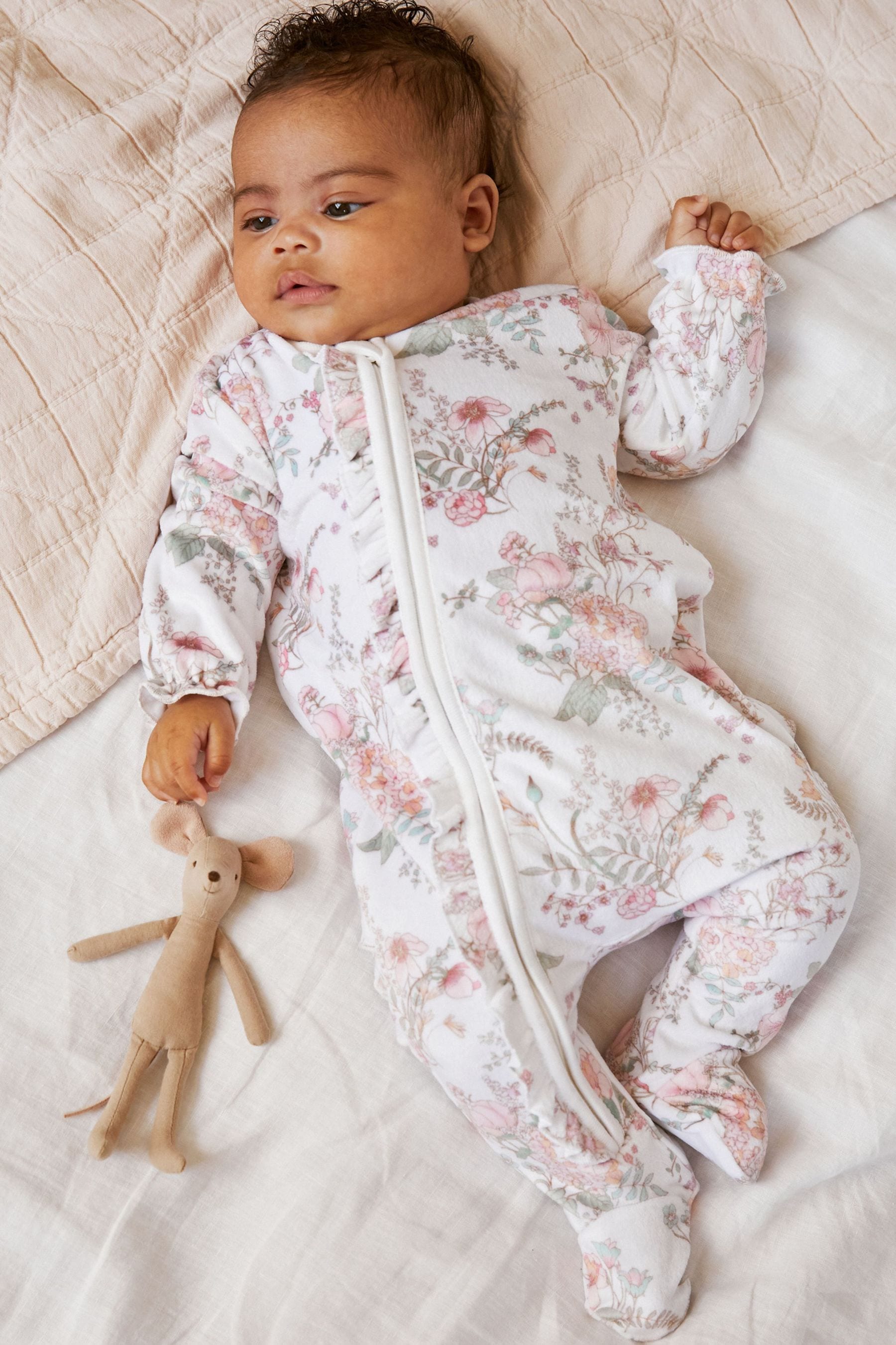 Cream Floral Baby Velour Sleepsuit