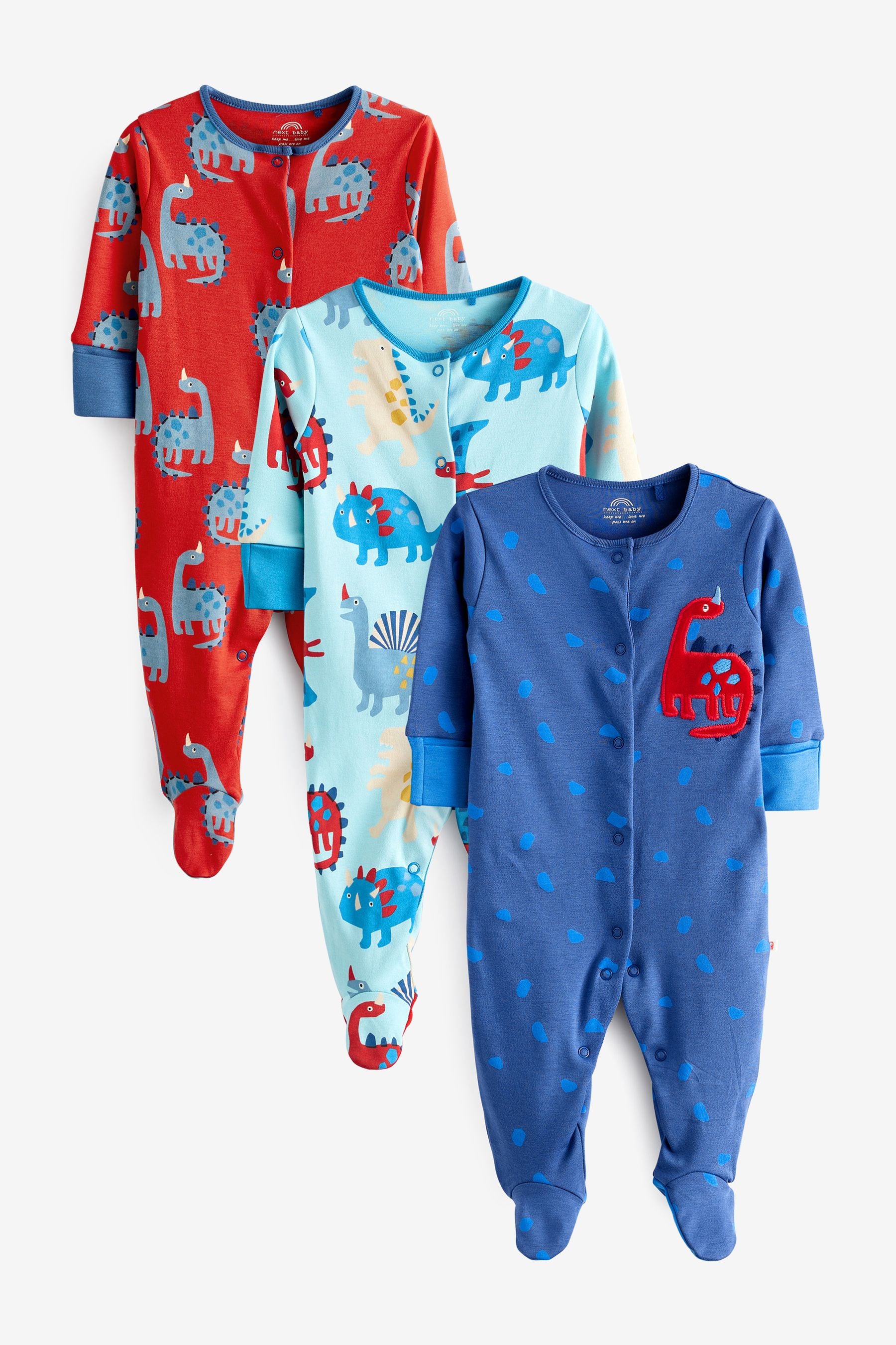 Red Dinosaur 3 Pack Embroidered Baby Sleepsuits (0-2yrs)