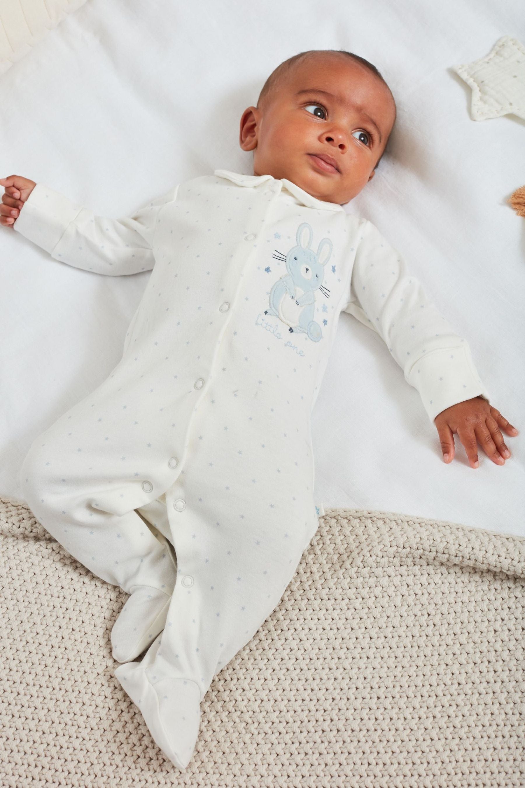 Blue Bunny 3 Pack Embroidered Baby Sleepsuits (0-2yrs)