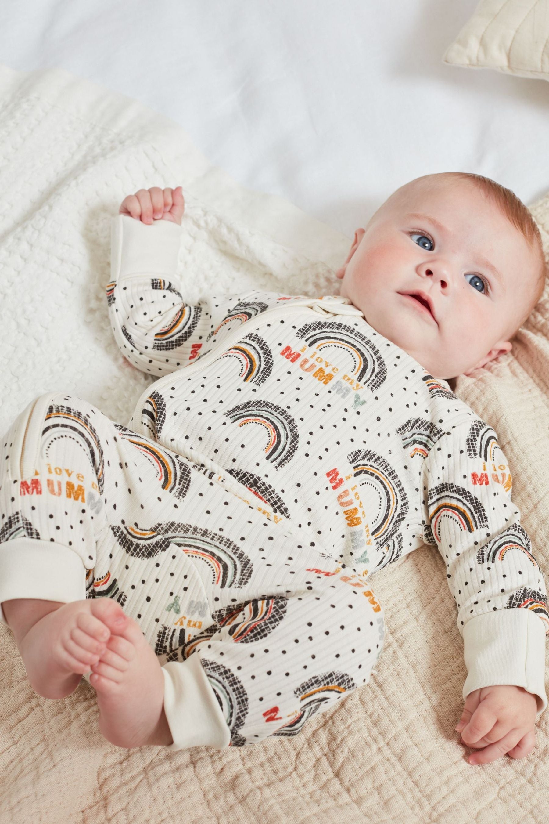 Cream/Grey Rib Mummy Family Print Zipped Baby Sleepsuit (0mths-3yrs)