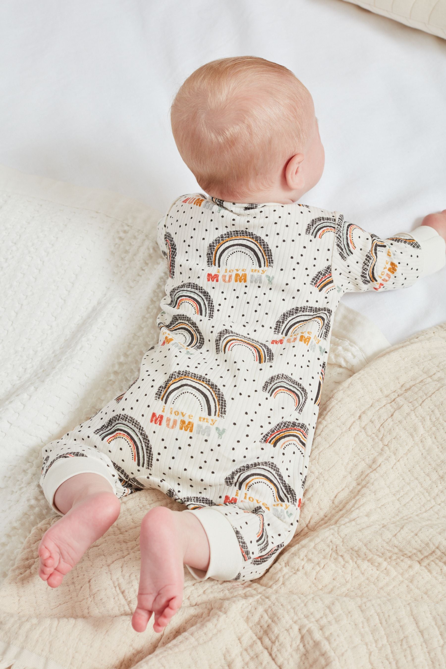 Cream/Grey Rib Mummy Family Print Zipped Baby Sleepsuit (0mths-3yrs)