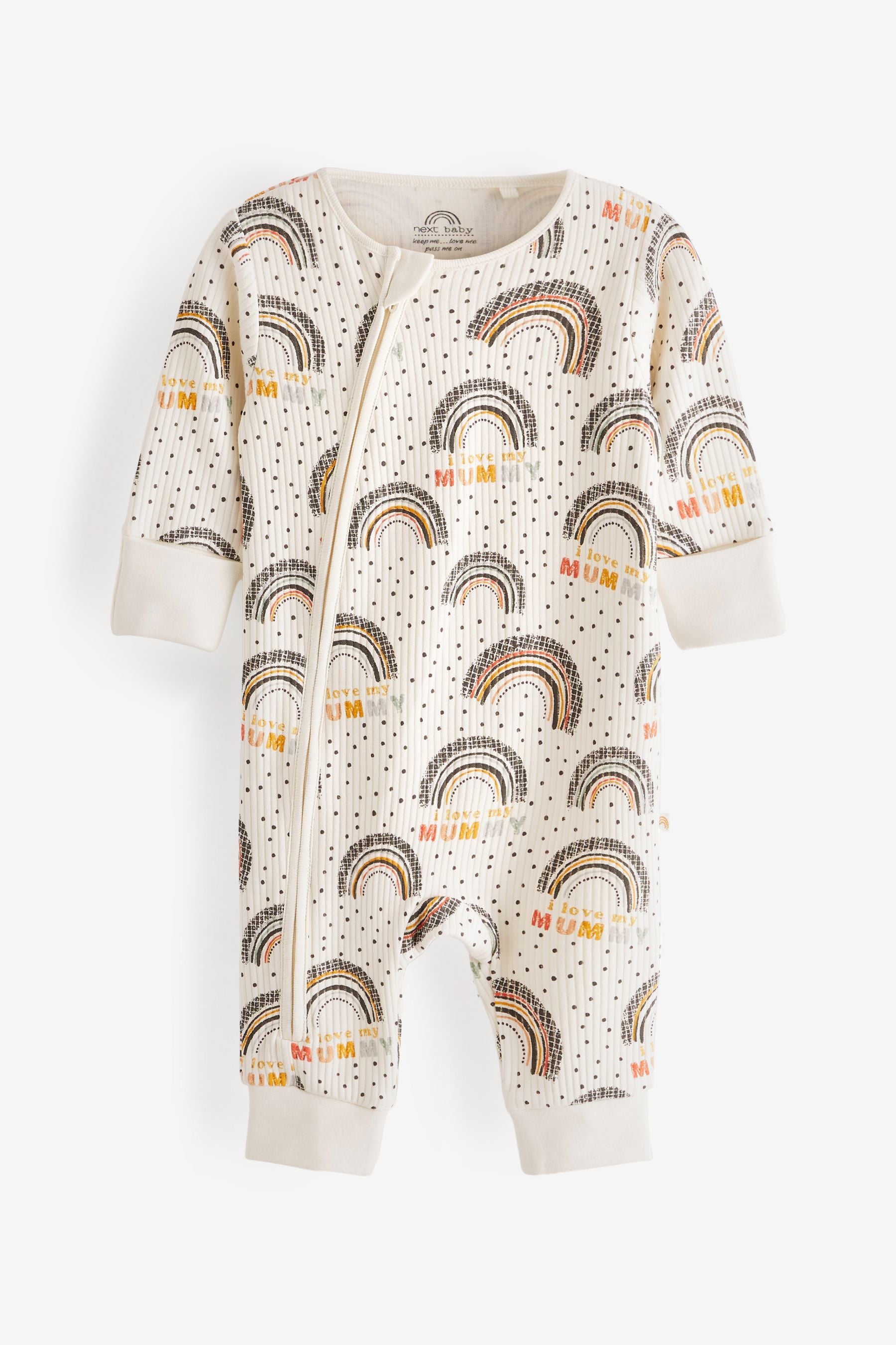 Cream/Grey Rib Mummy Family Print Zipped Baby Sleepsuit (0mths-3yrs)