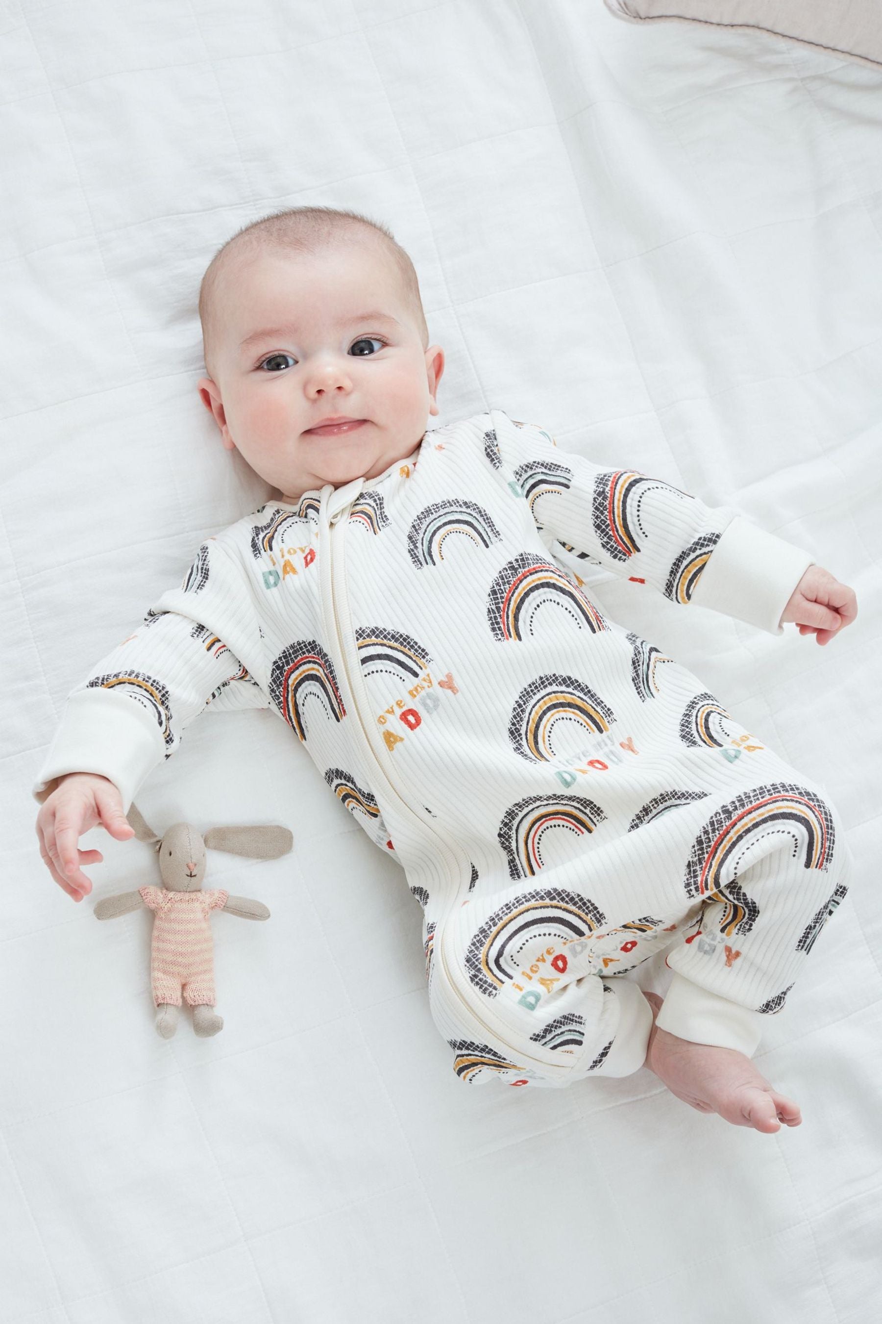 Cream/Grey Rib Daddy Family Print Zipped Baby Sleepsuit (0mths-3yrs)