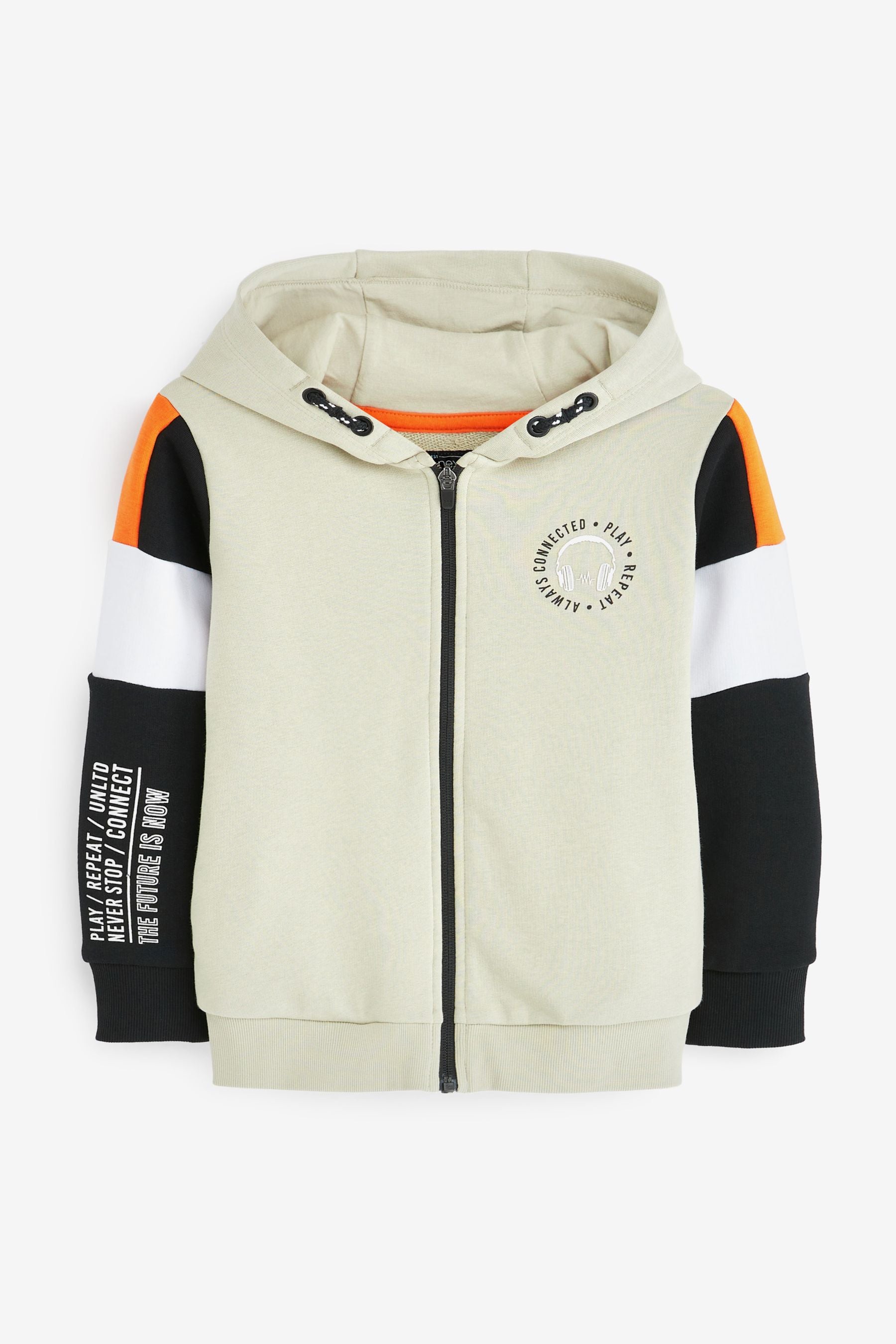 Stone/Black/Orange Colourblock Jersey Zip Through Hoodie (3-16yrs)