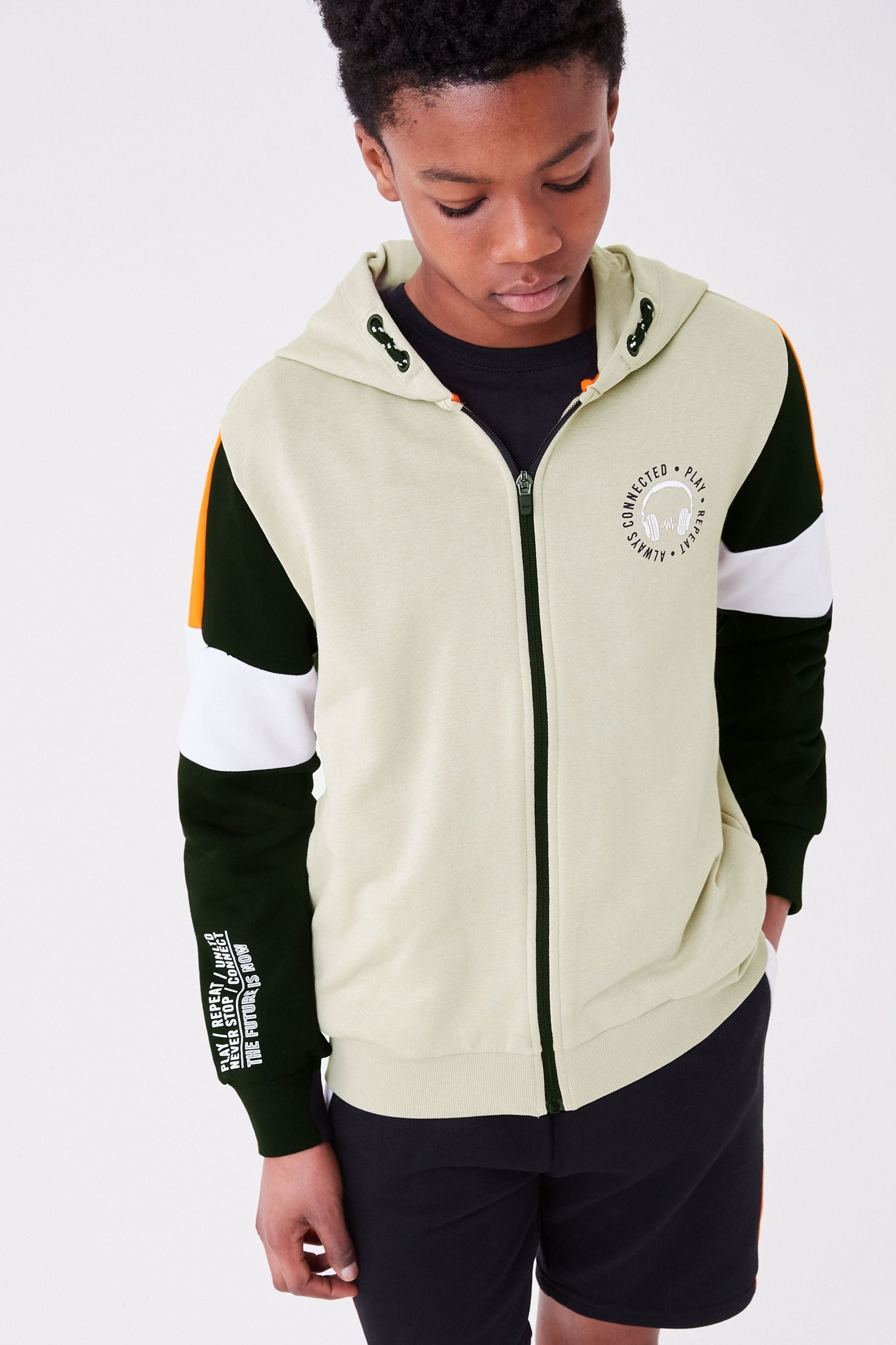 Stone/Black/Orange Colourblock Jersey Zip Through Hoodie (3-16yrs)