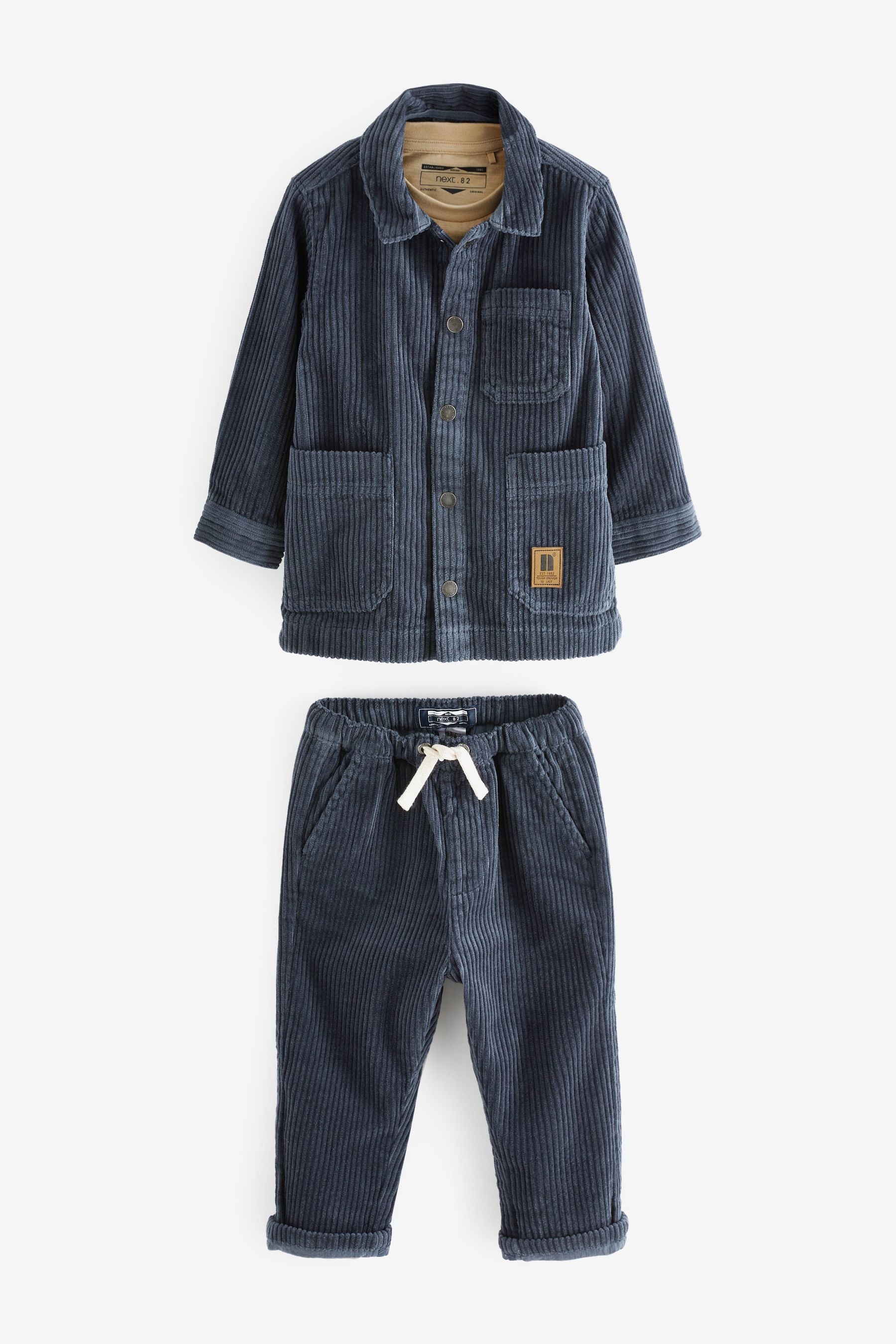 Indigo Blue Jumbo Cord Shacket, T-Shirt and Cord Trouser Set (3mths-9yrs)