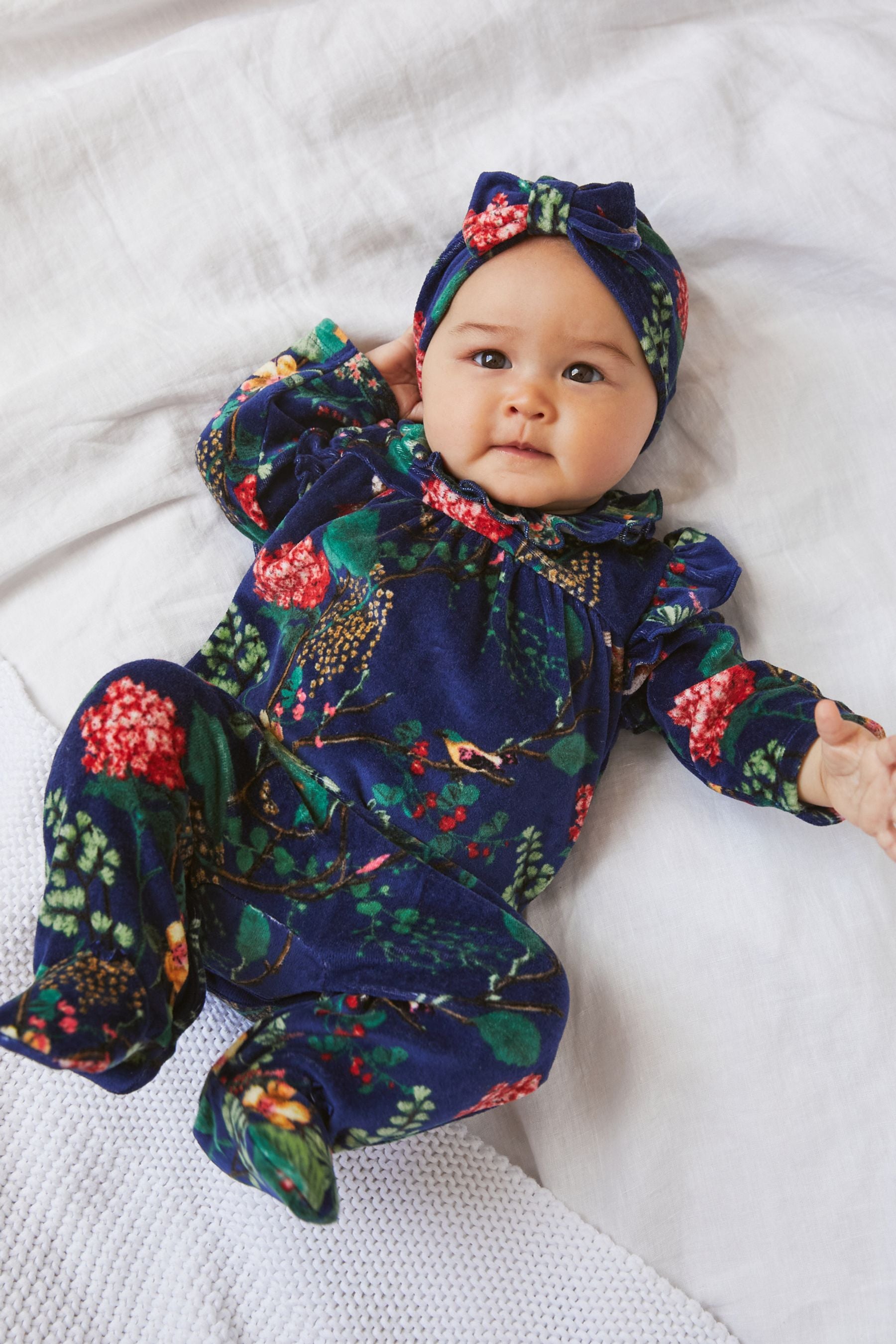 Navy Blue Floral Velour Baby Sleepsuit And Turban Hat