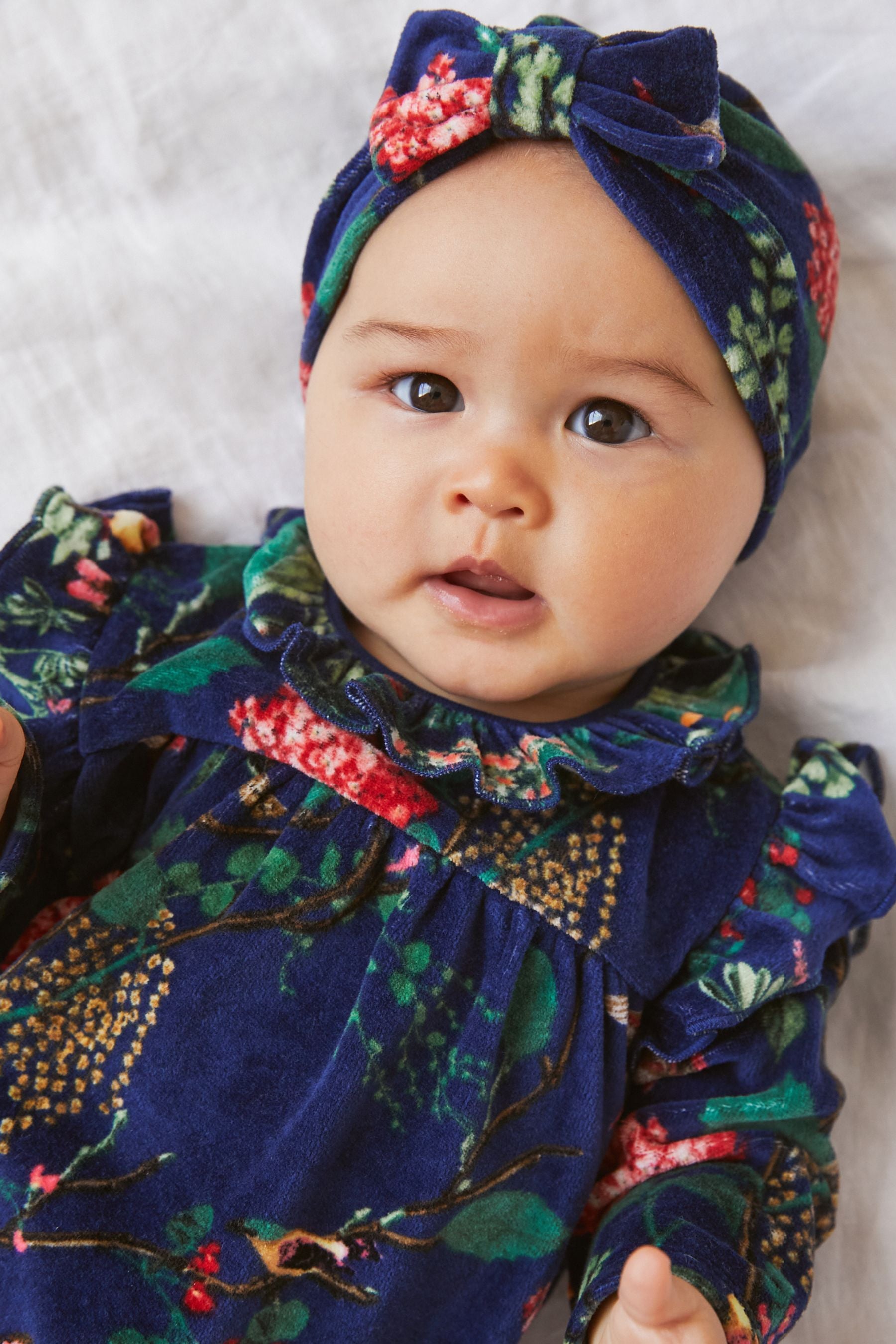 Navy Blue Floral Velour Baby Sleepsuit And Turban Hat