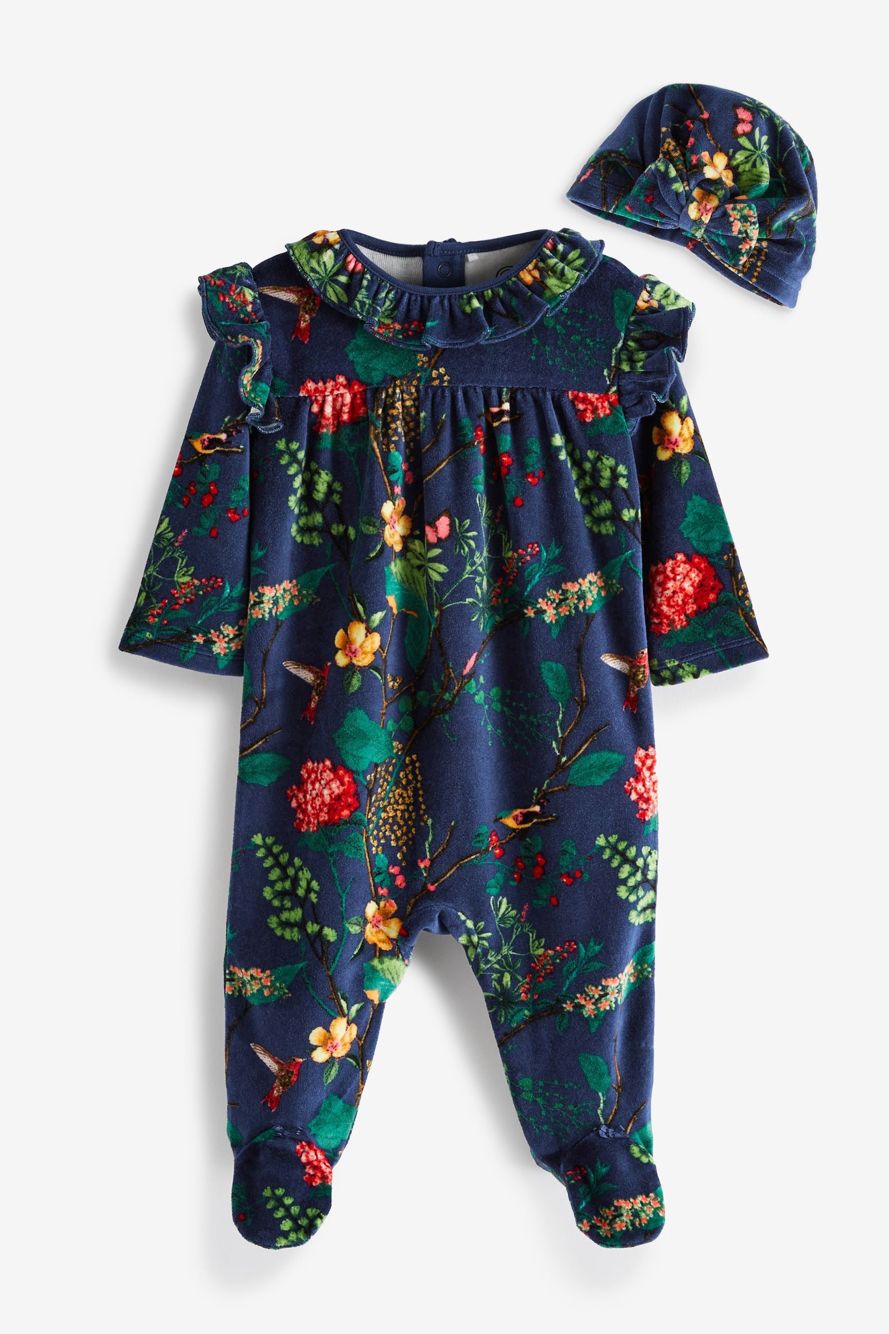 Navy Blue Floral Velour Baby Sleepsuit And Turban Hat