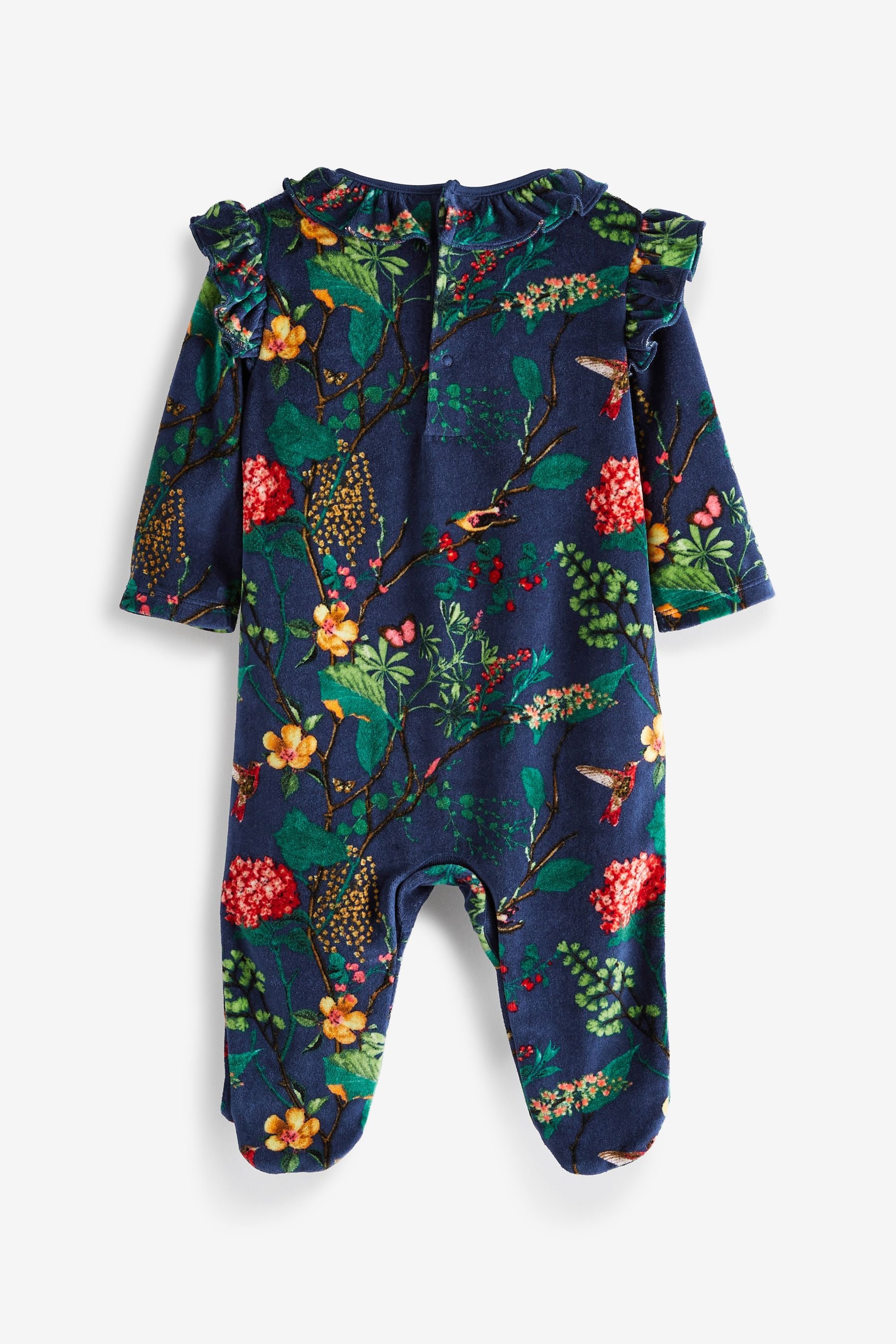 Navy Blue Floral Velour Baby Sleepsuit And Turban Hat