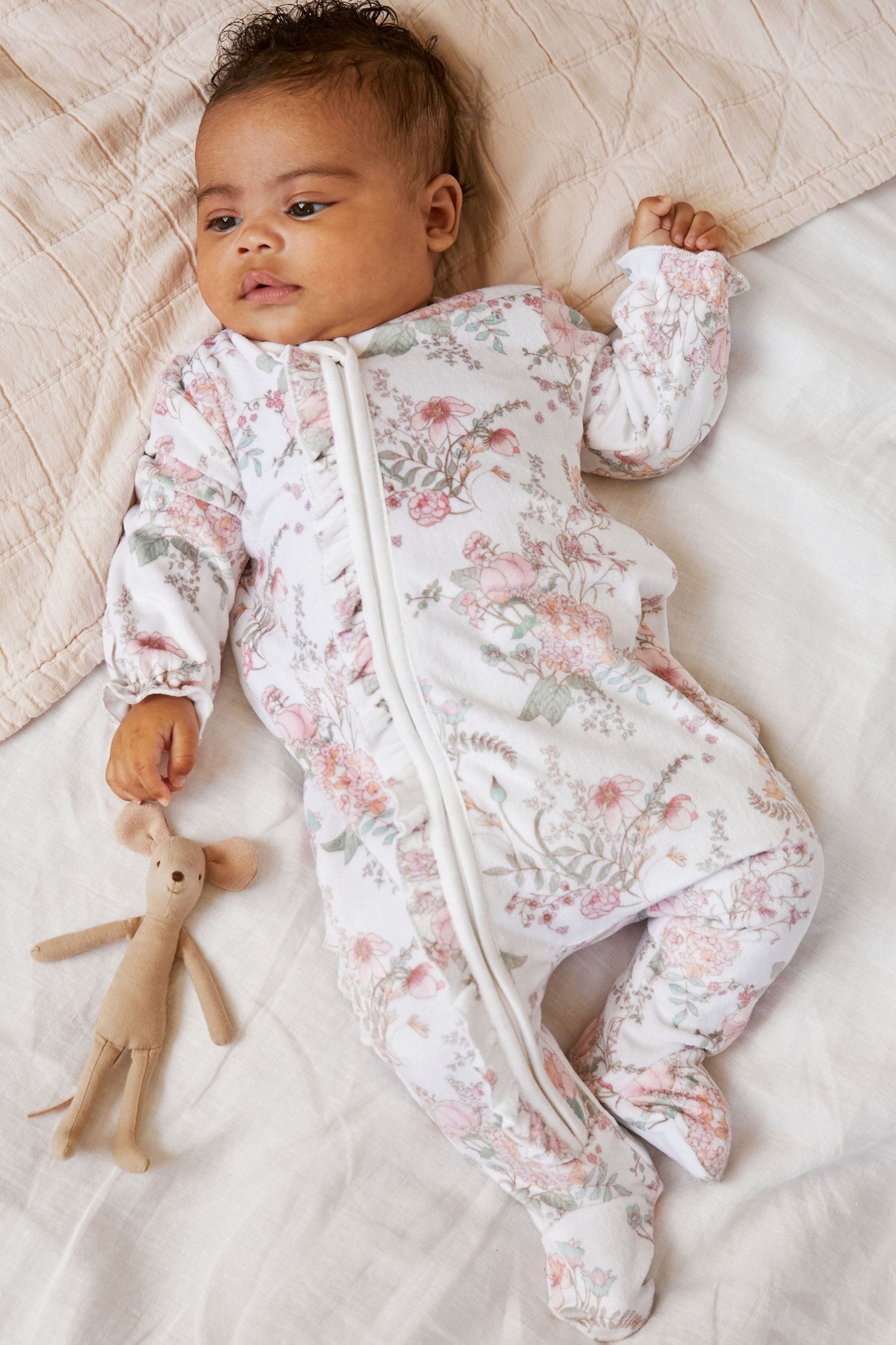 Cream Floral Baby Velour Sleepsuit