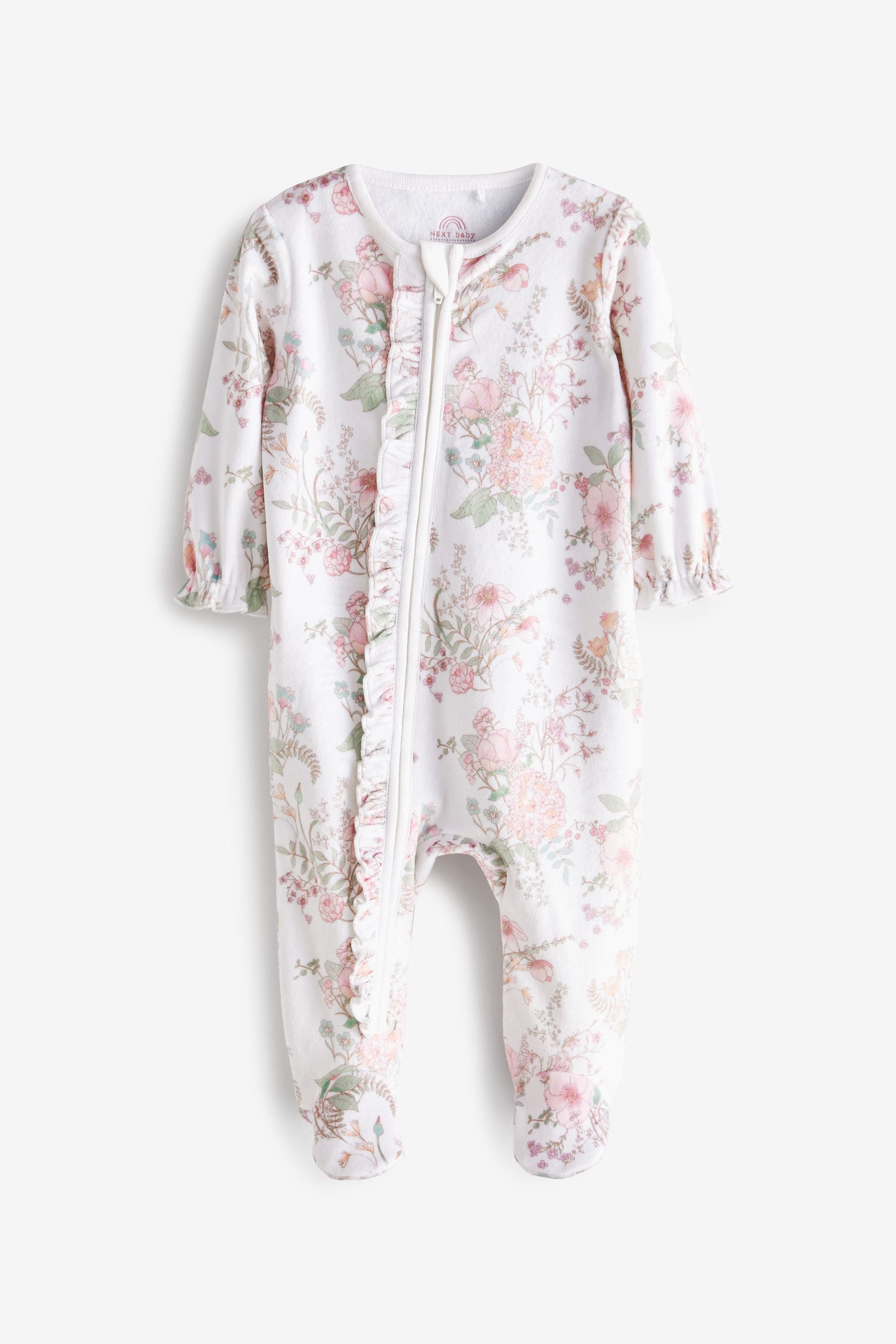 Cream Floral Baby Velour Sleepsuit