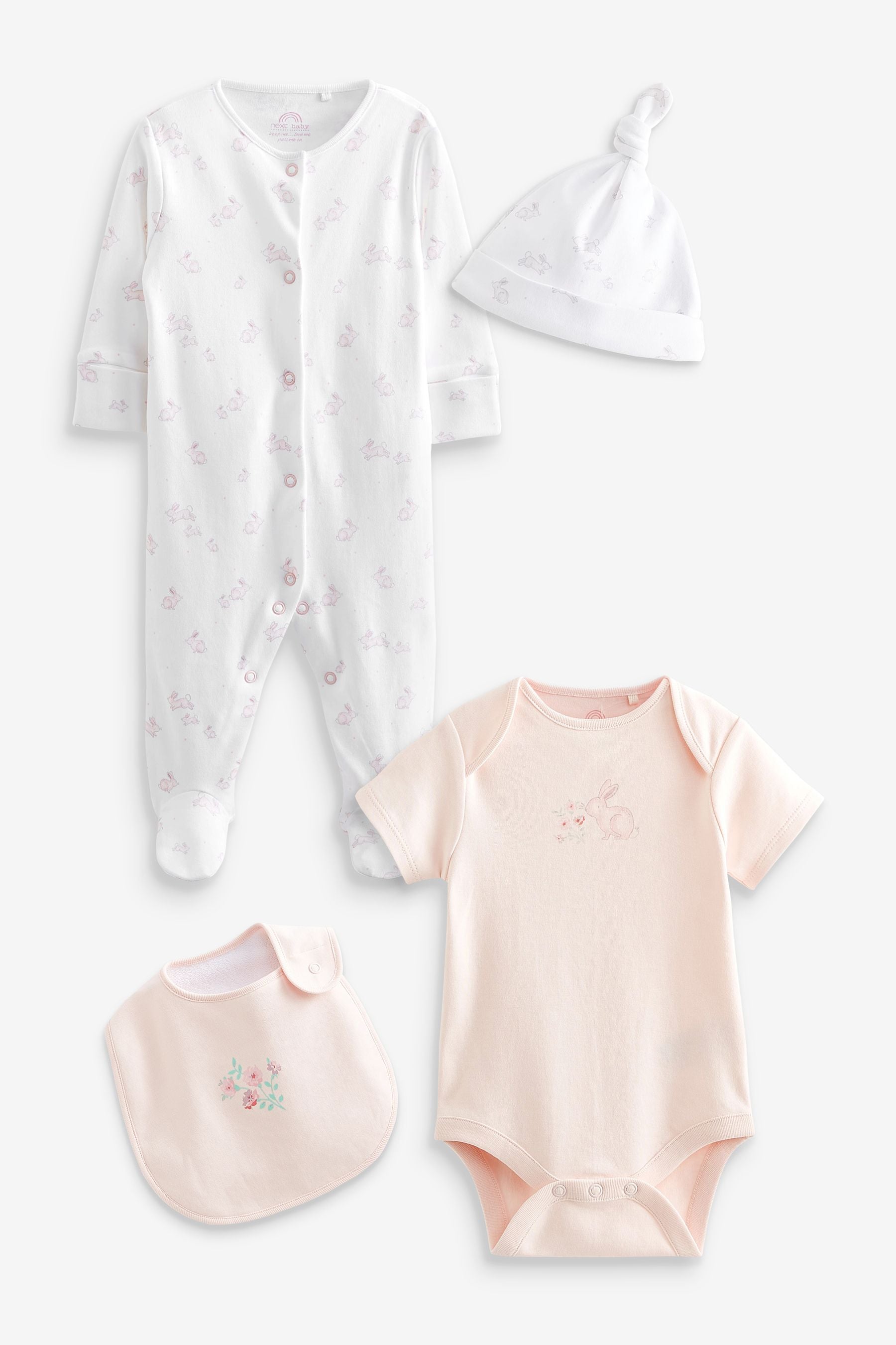 Pink/White 4 Piece Baby Sleepsuit, Bodysuit, Hat And Bib Set (0-9mths)