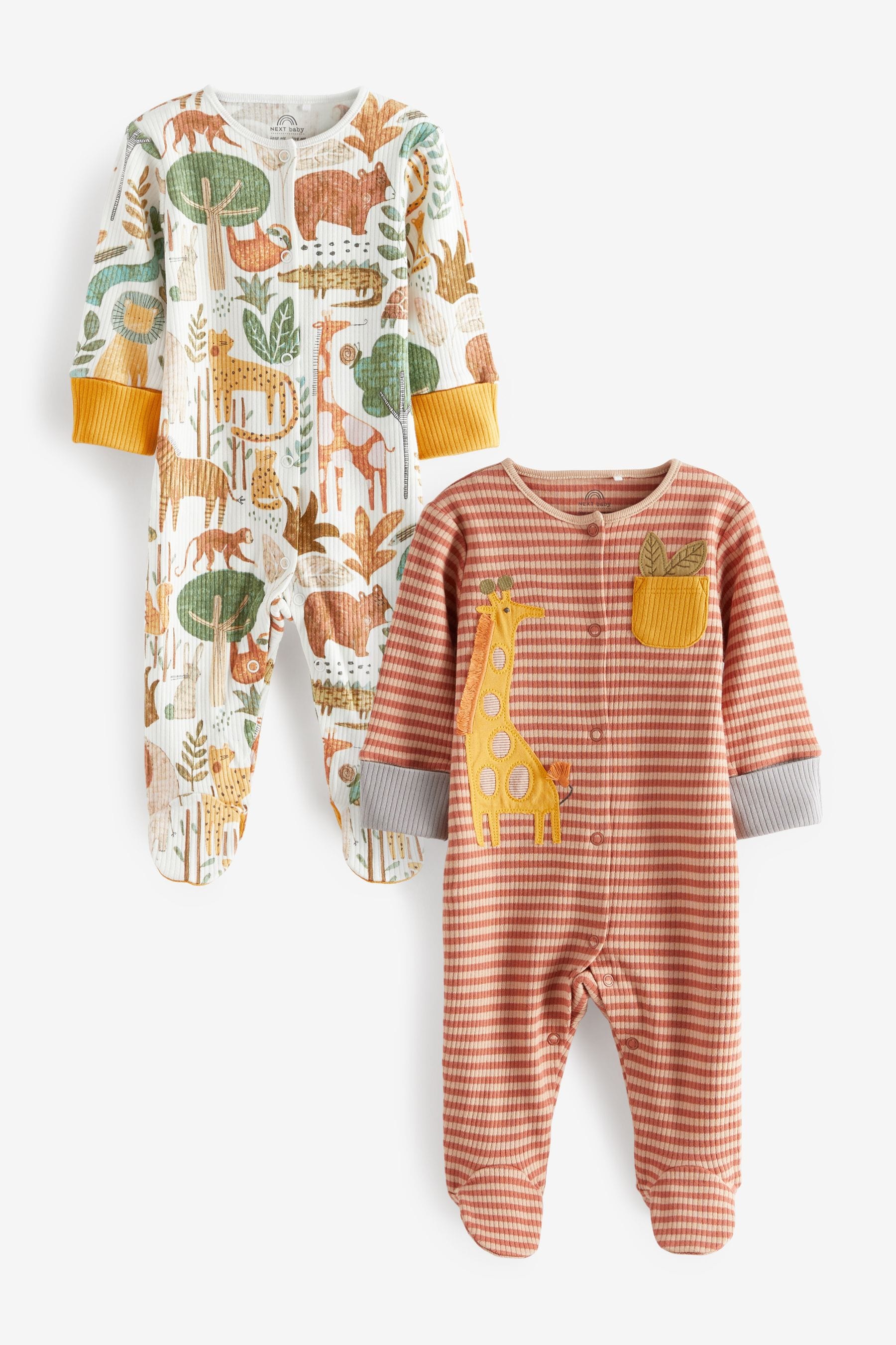 Ochre Yellow/Tan Brown Giraffe Rib Baby Sleepsuits 2 Pack (0mths-3yrs)