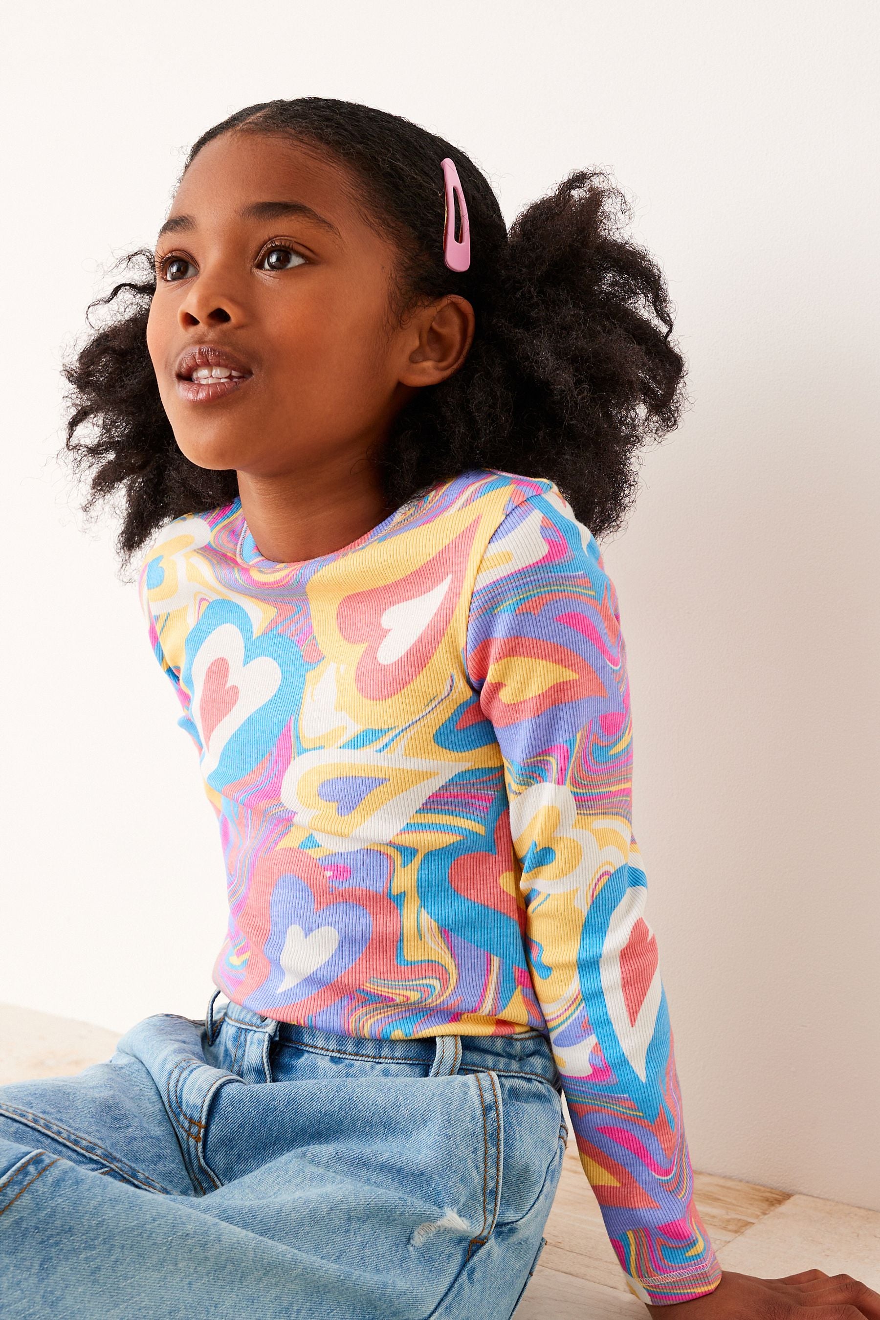 Marble Heart Print Ribbed Long Sleeve Top (3-16yrs)