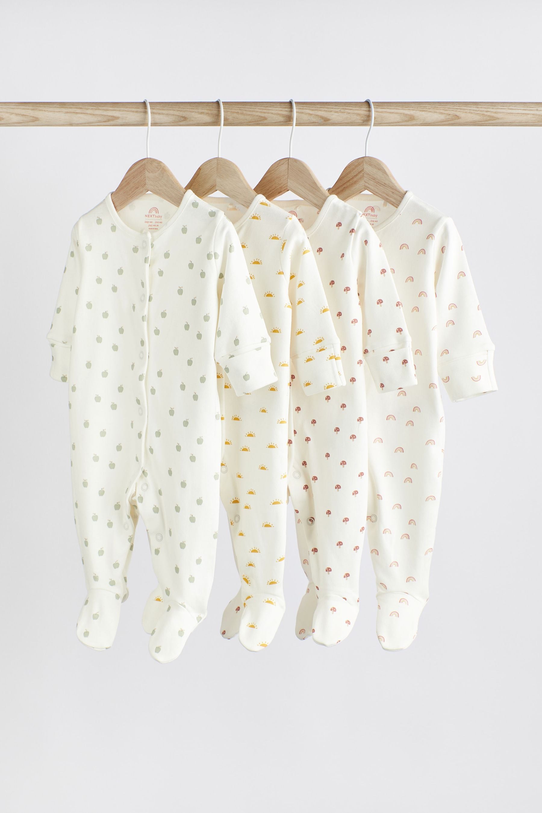 Cream 4 Pack Baby Printed Long Sleeve Sleepsuits (0-2yrs)