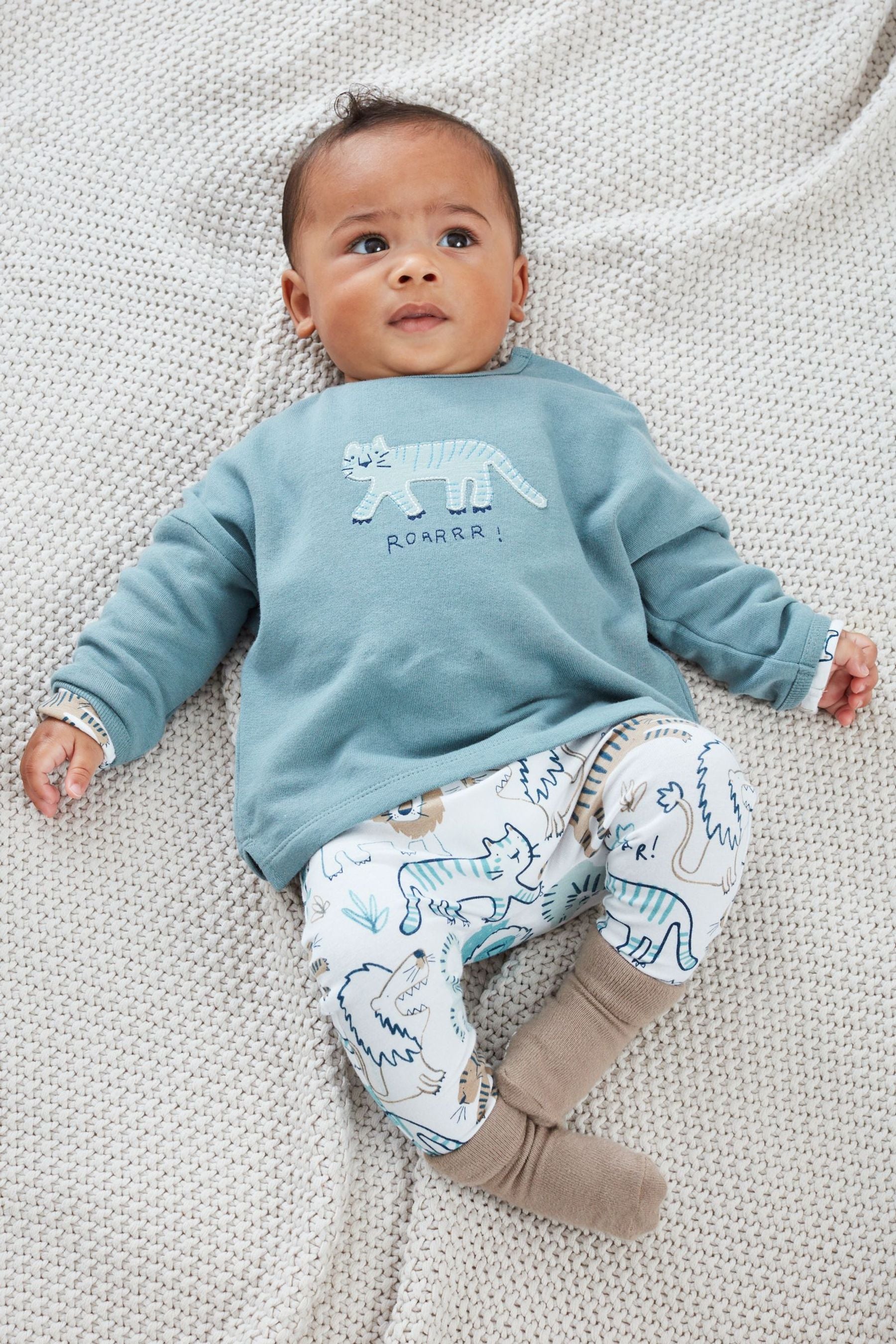 Blue/White 3 Piece Baby Sweater, T-Shirt & Leggings Set