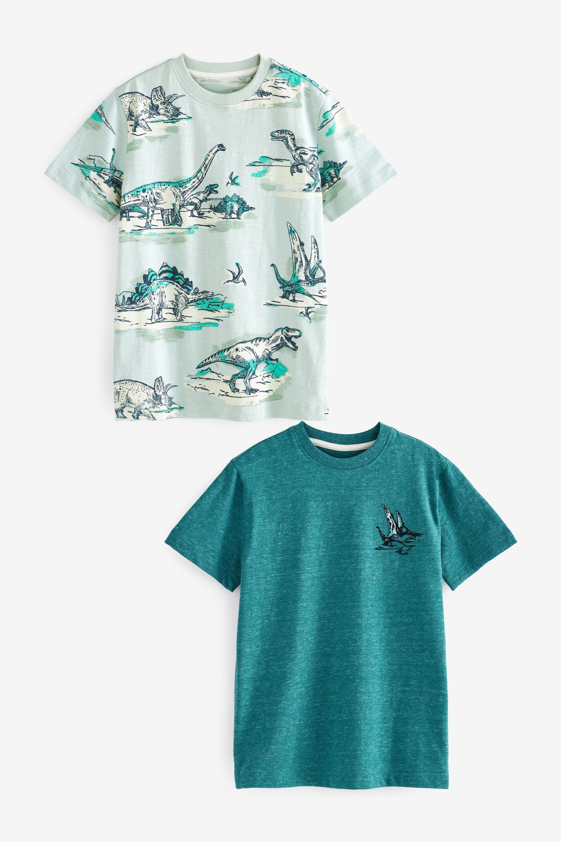 Teal Blue Dinosaurs 2 Pack Short Sleeve T-Shirts (3-16yrs)