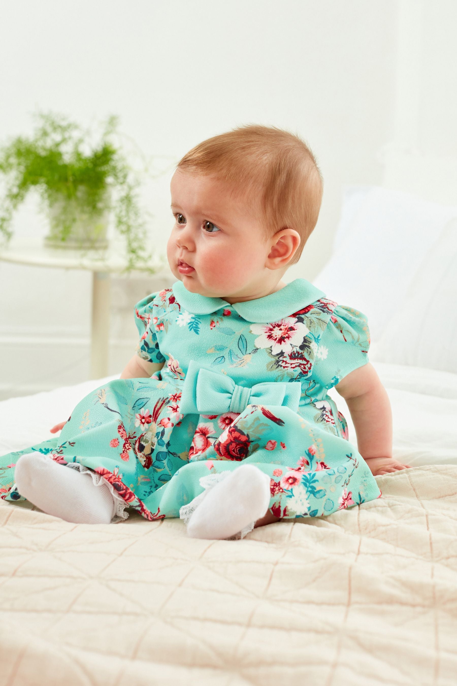 Teal Blue Floral Print Prom Dress with Knickers (0mths-2yrs)