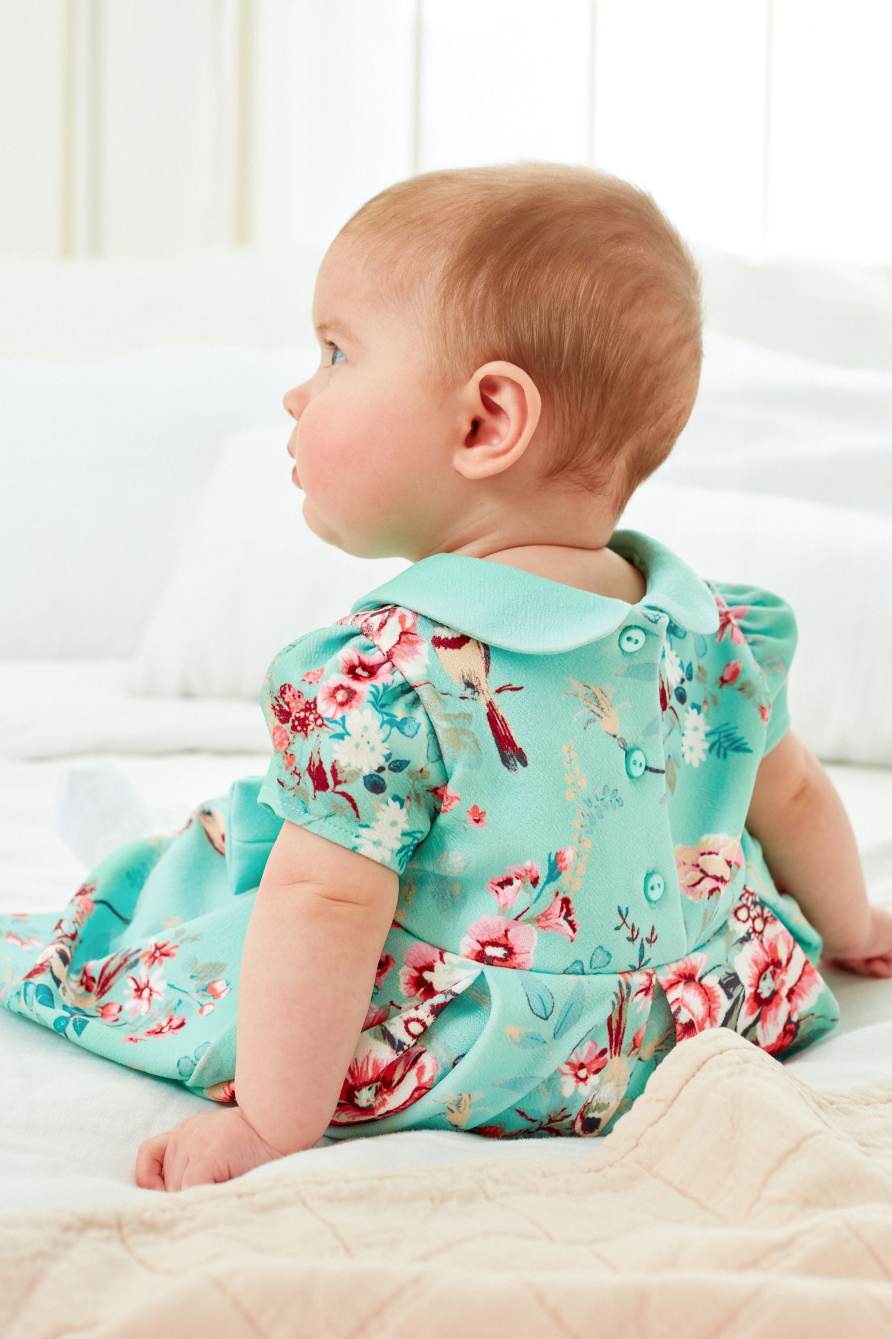 Teal Blue Floral Print Prom Dress with Knickers (0mths-2yrs)