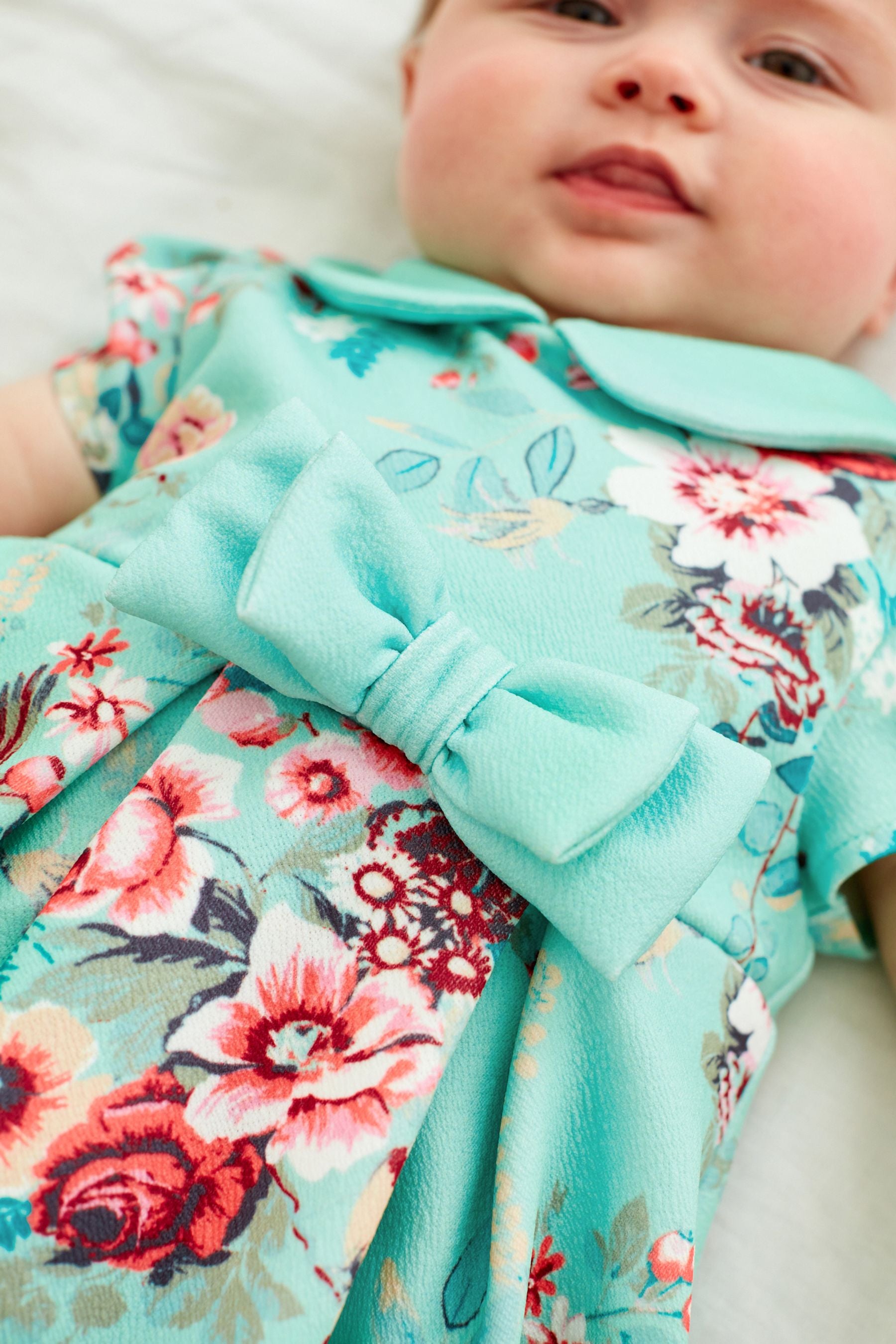 Teal Blue Floral Print Prom Dress with Knickers (0mths-2yrs)