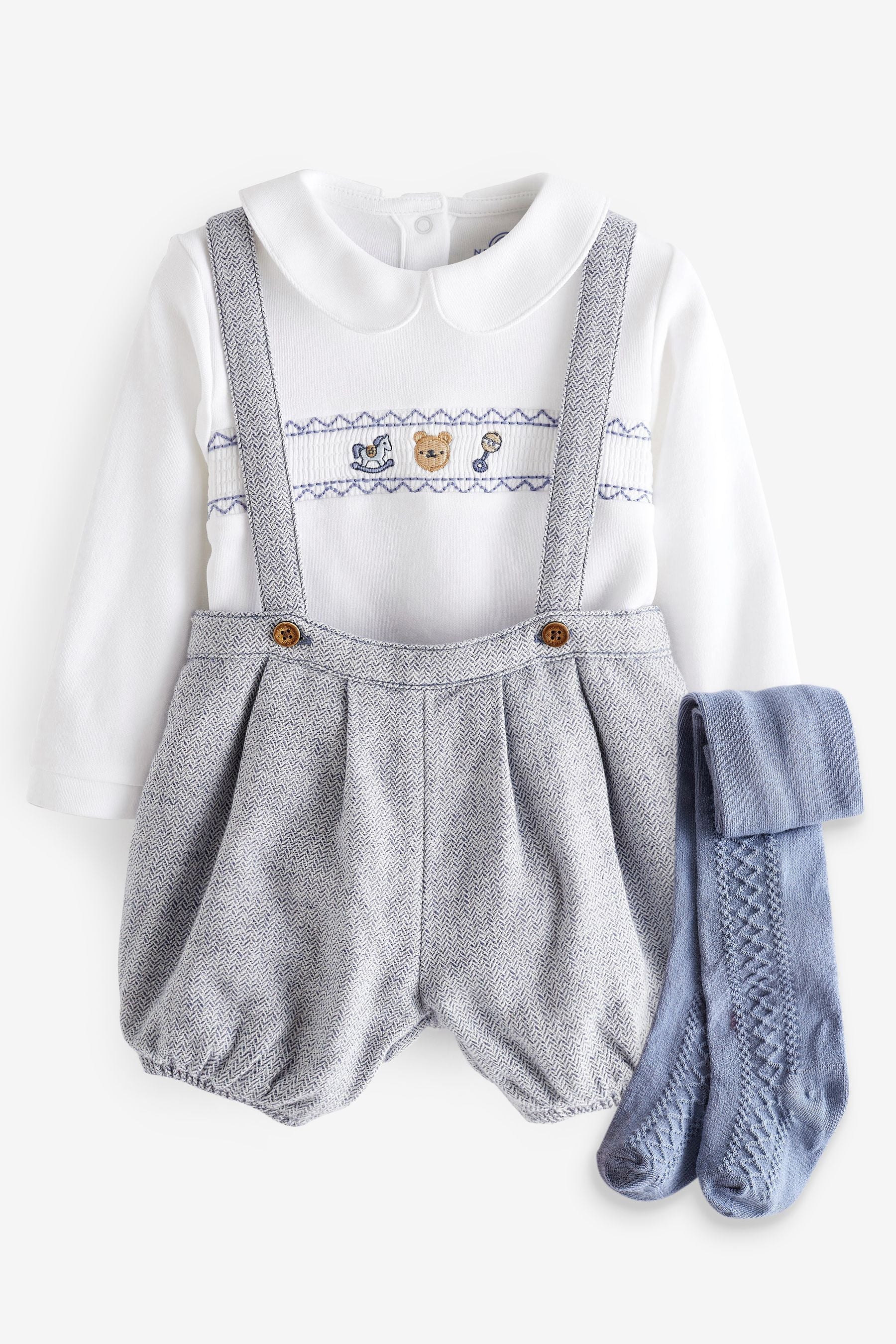 Blue/White 3 Piece Dungarees, Bodysuit And Tights Smart Baby Set (0mths-2yrs)