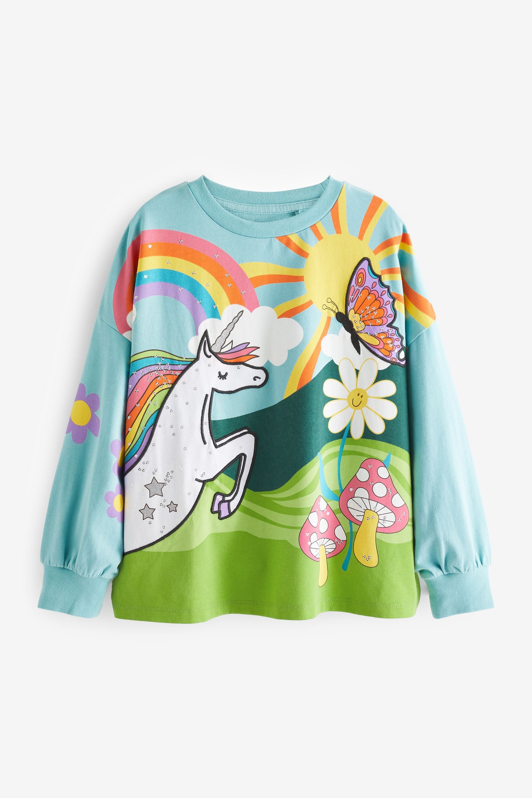 Blue/Green Blue Rainbow Sequin Unicorn Long Sleeved Cuffed Top (3-16yrs)