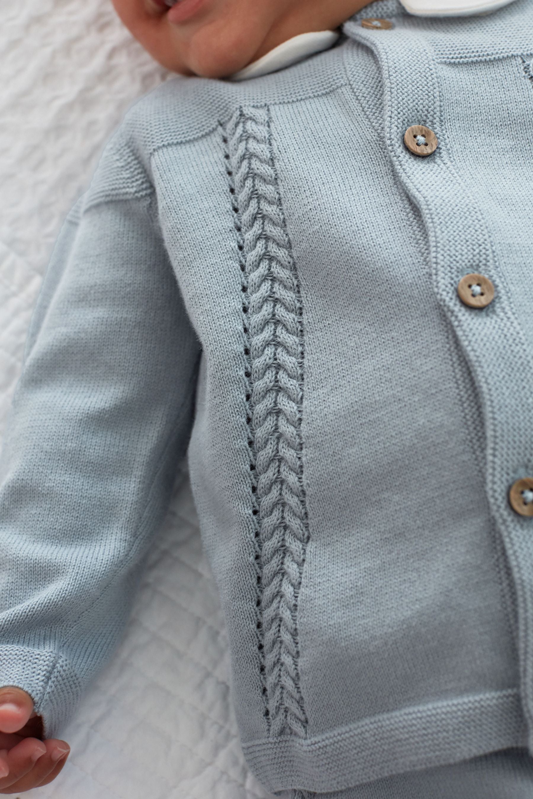 Blue Delicate Cable Fine Knit Baby Cardigan With Collar And Leggings Set (0mths-2yrs)