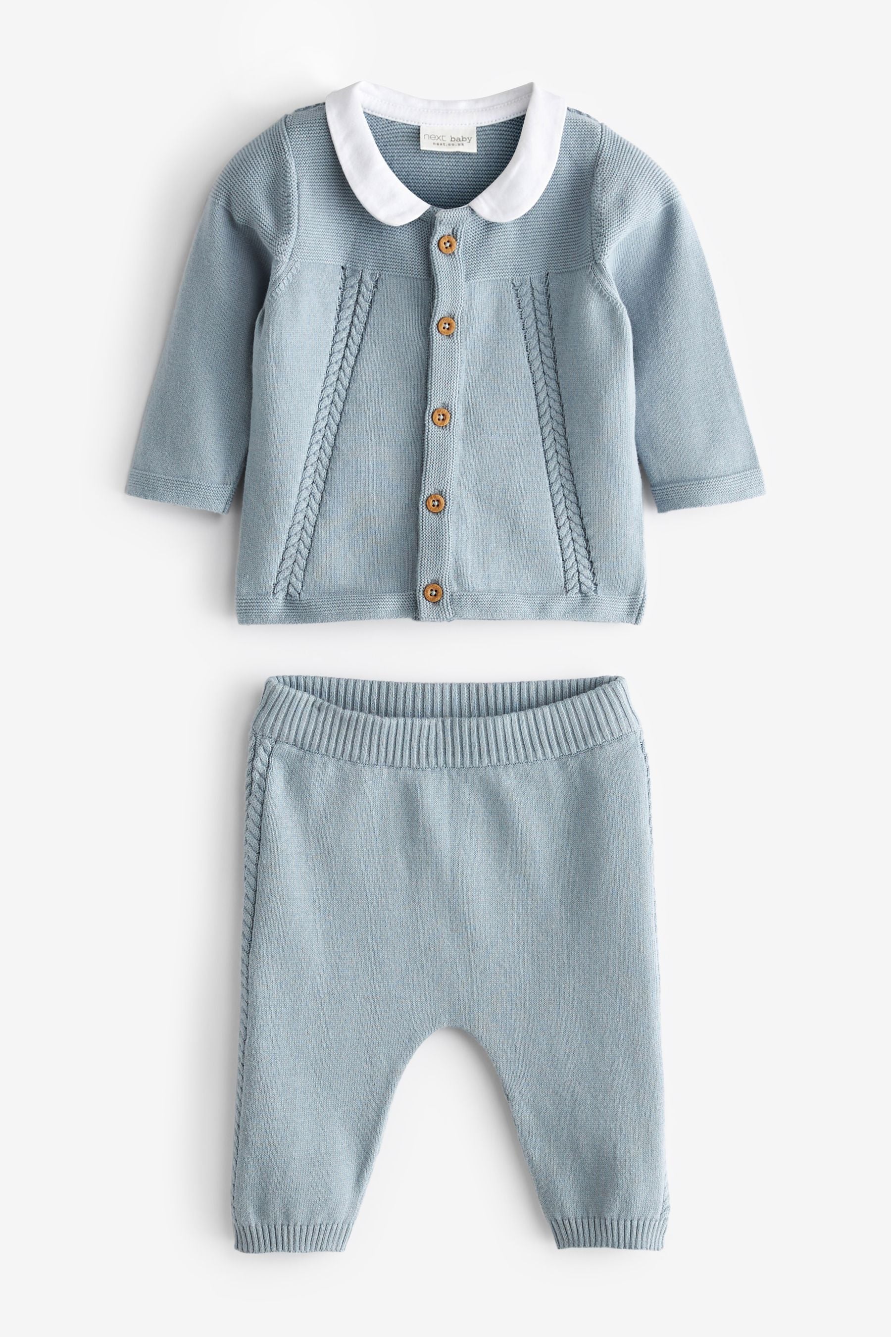 Blue Delicate Cable Fine Knit Baby Cardigan With Collar And Leggings Set (0mths-2yrs)