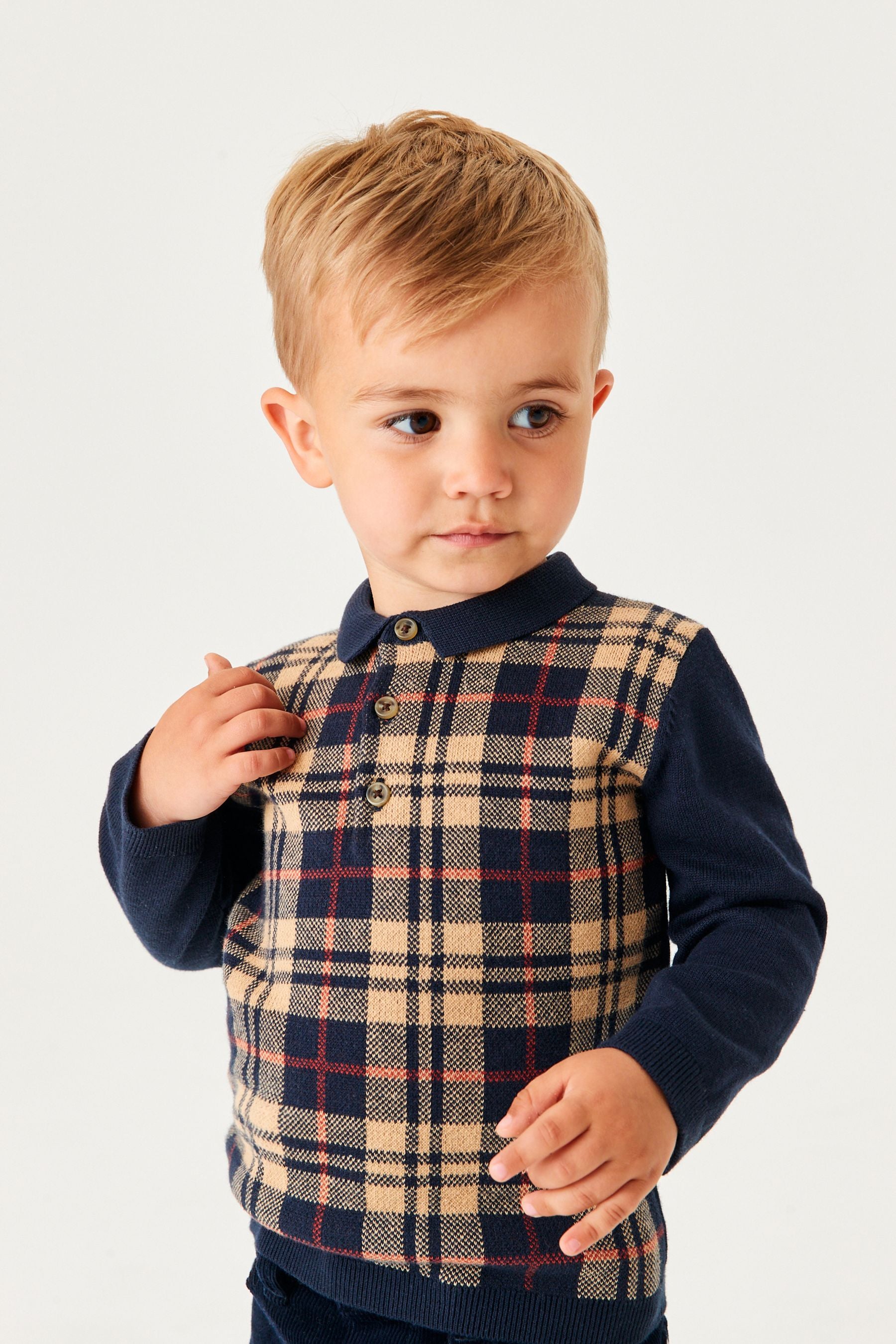 Navy Check Long Sleeve Patterned Polo Shirt (3mths-7yrs)