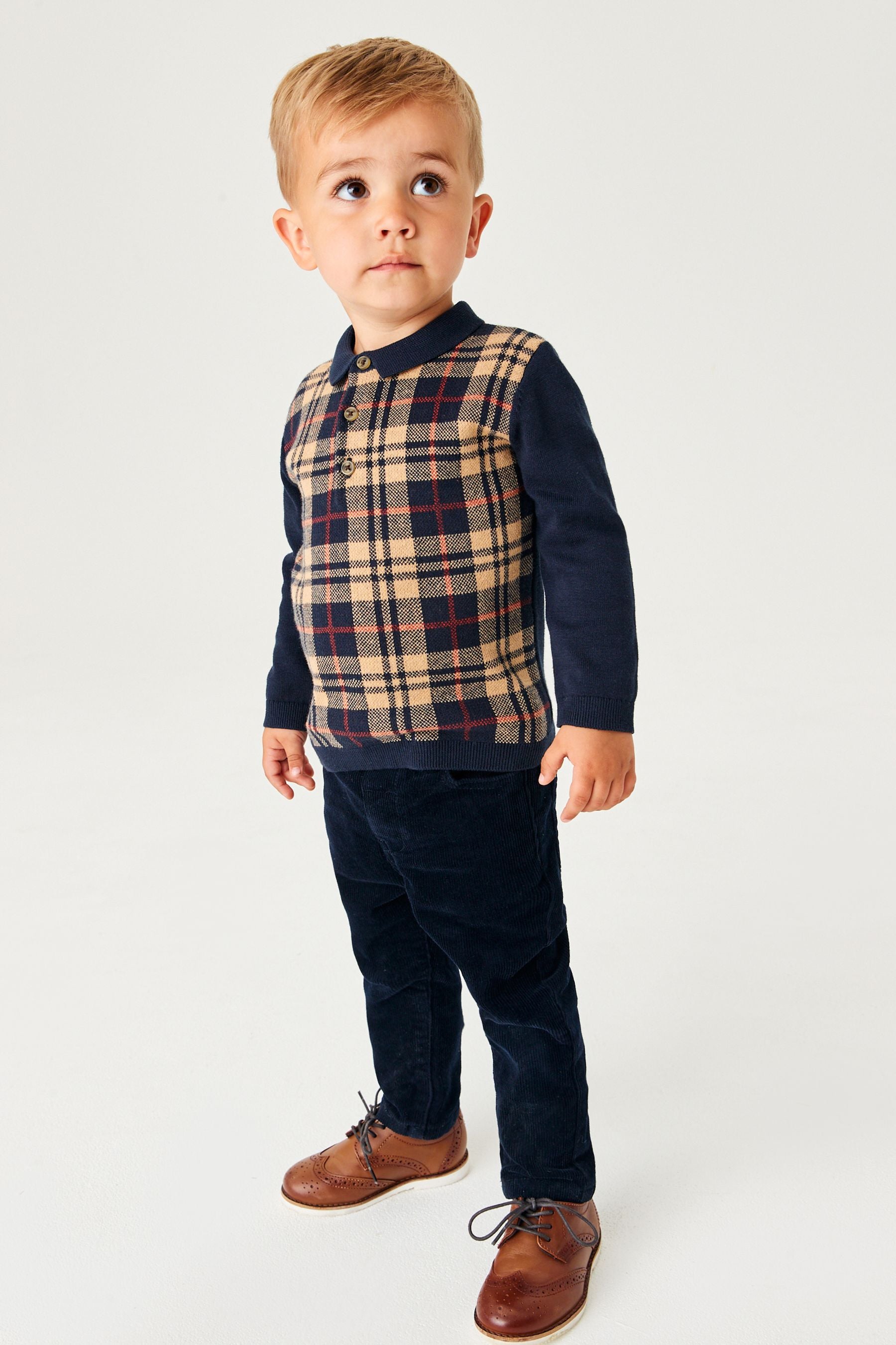 Navy Check Long Sleeve Patterned Polo Shirt (3mths-7yrs)