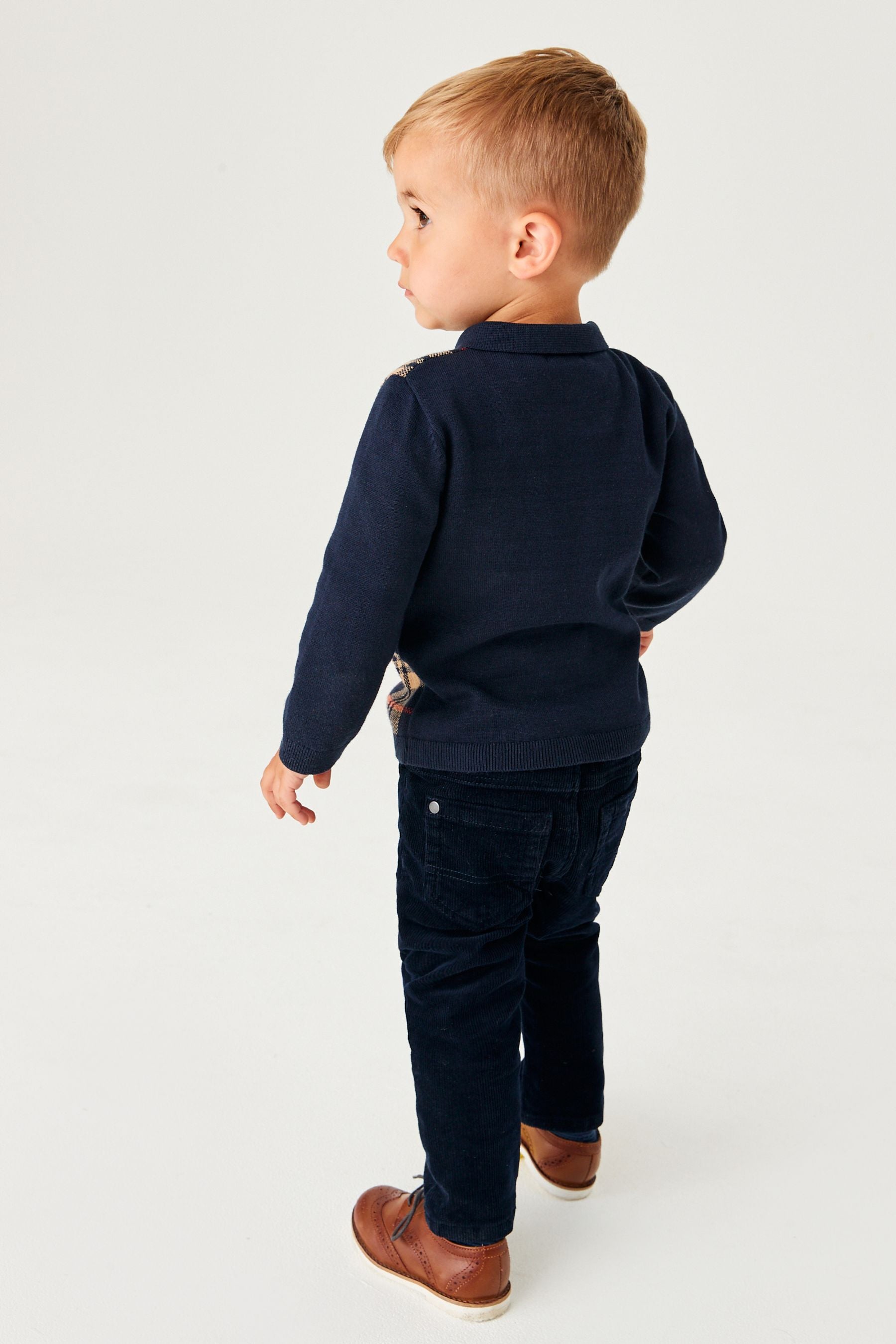 Navy Check Long Sleeve Patterned Polo Shirt (3mths-7yrs)