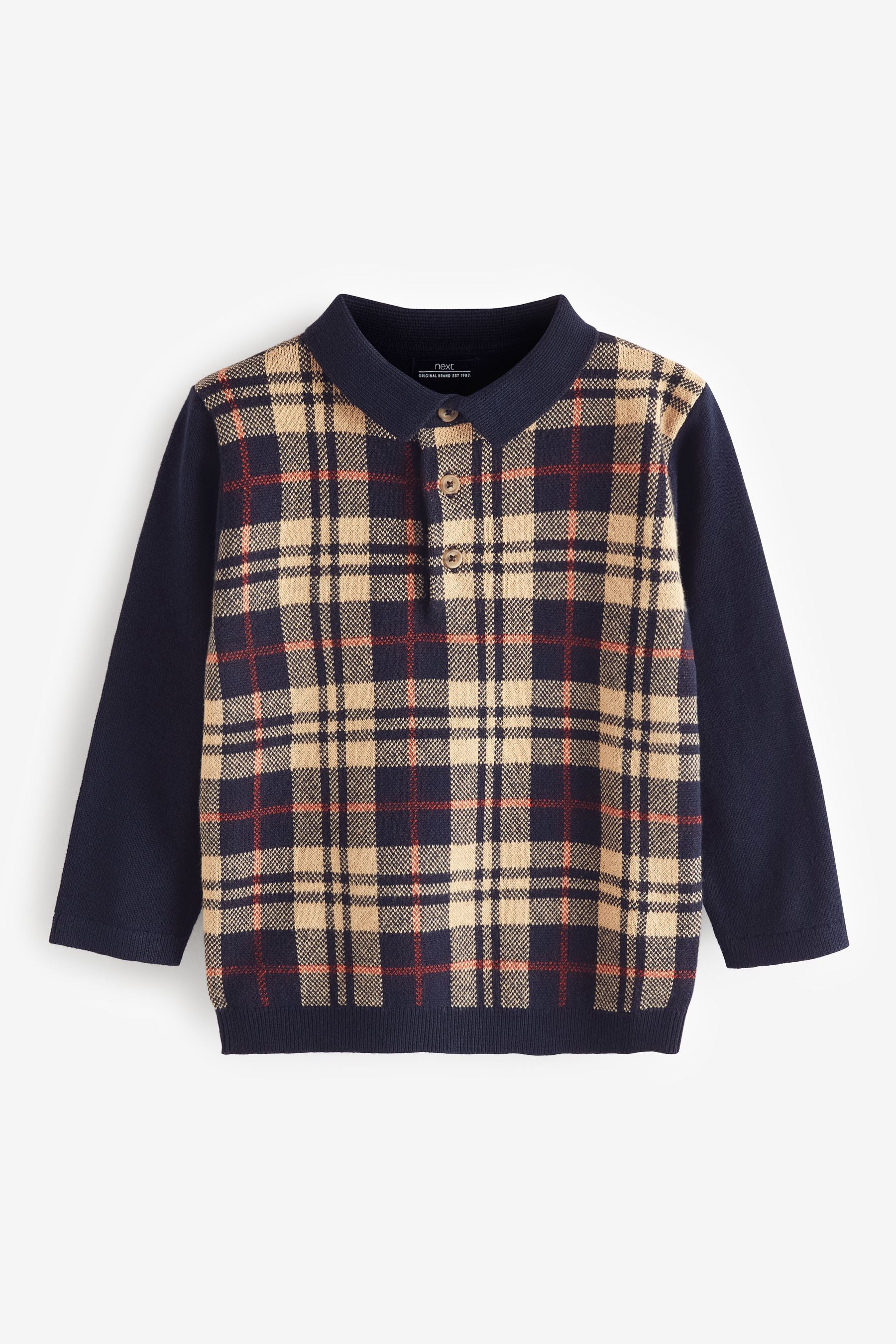 Navy Check Long Sleeve Patterned Polo Shirt (3mths-7yrs)