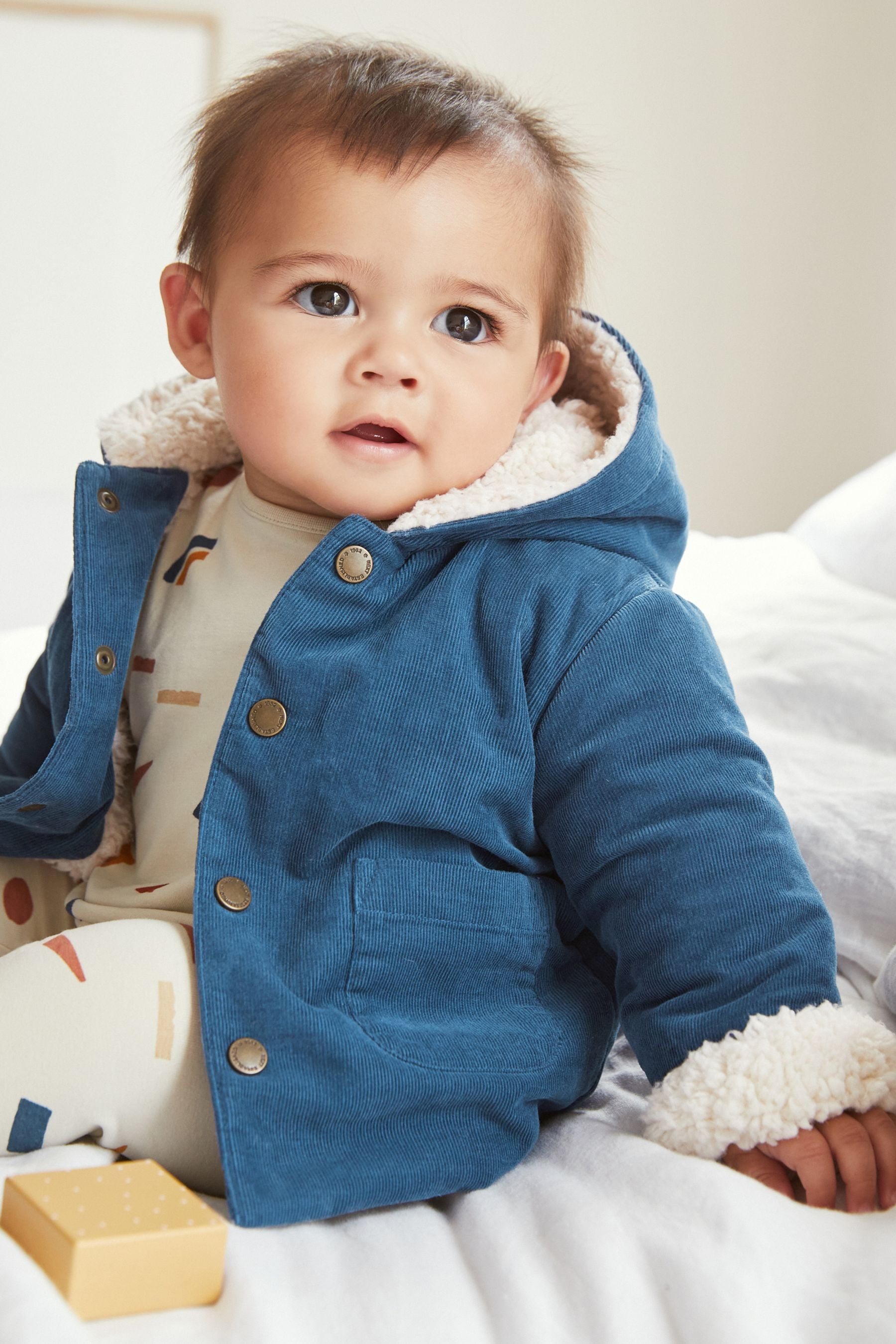 Navy Blue Cord Baby Borg Lined Hooded Jacket (0mths-2yrs)