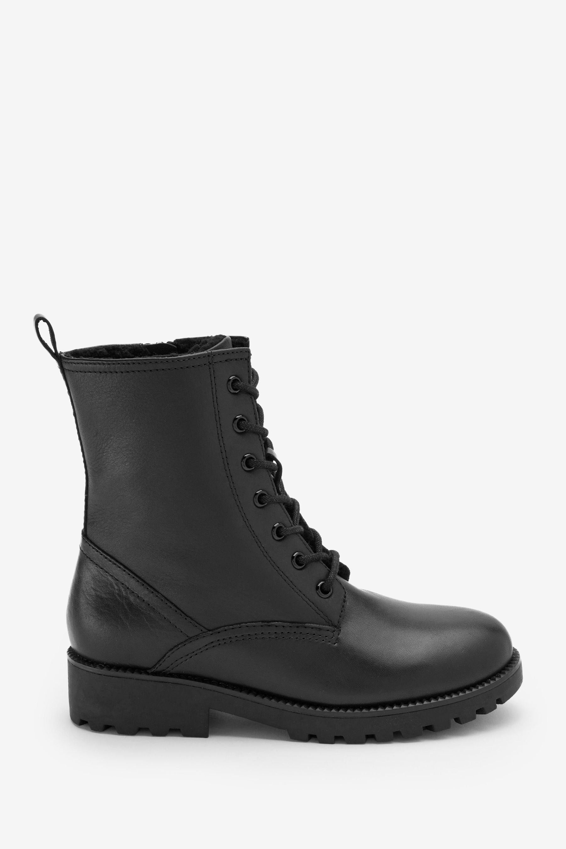 Black Leather Warm Lined Lace Up Boots