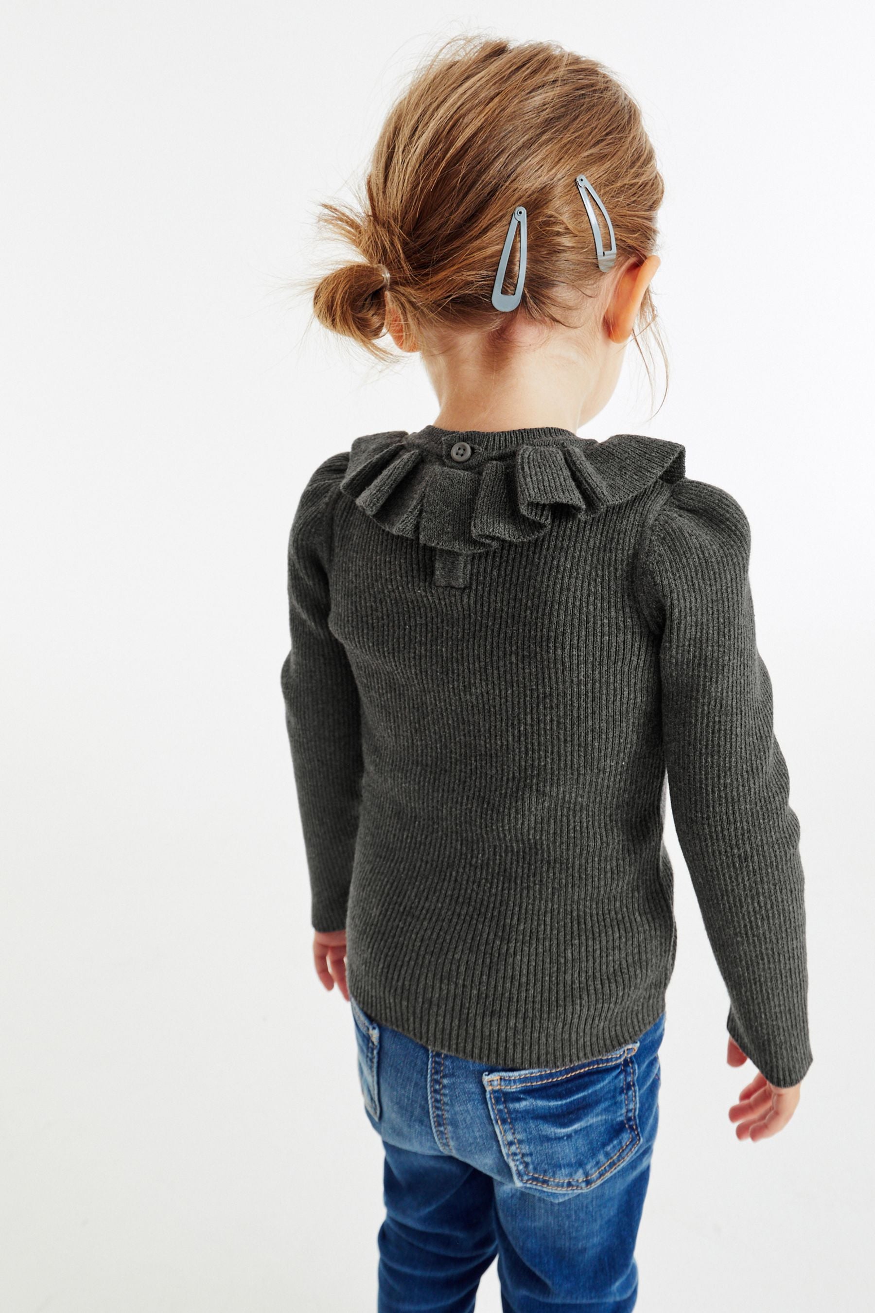 Charcoal Grey Frill Neck Jumper (3mths-7yrs)