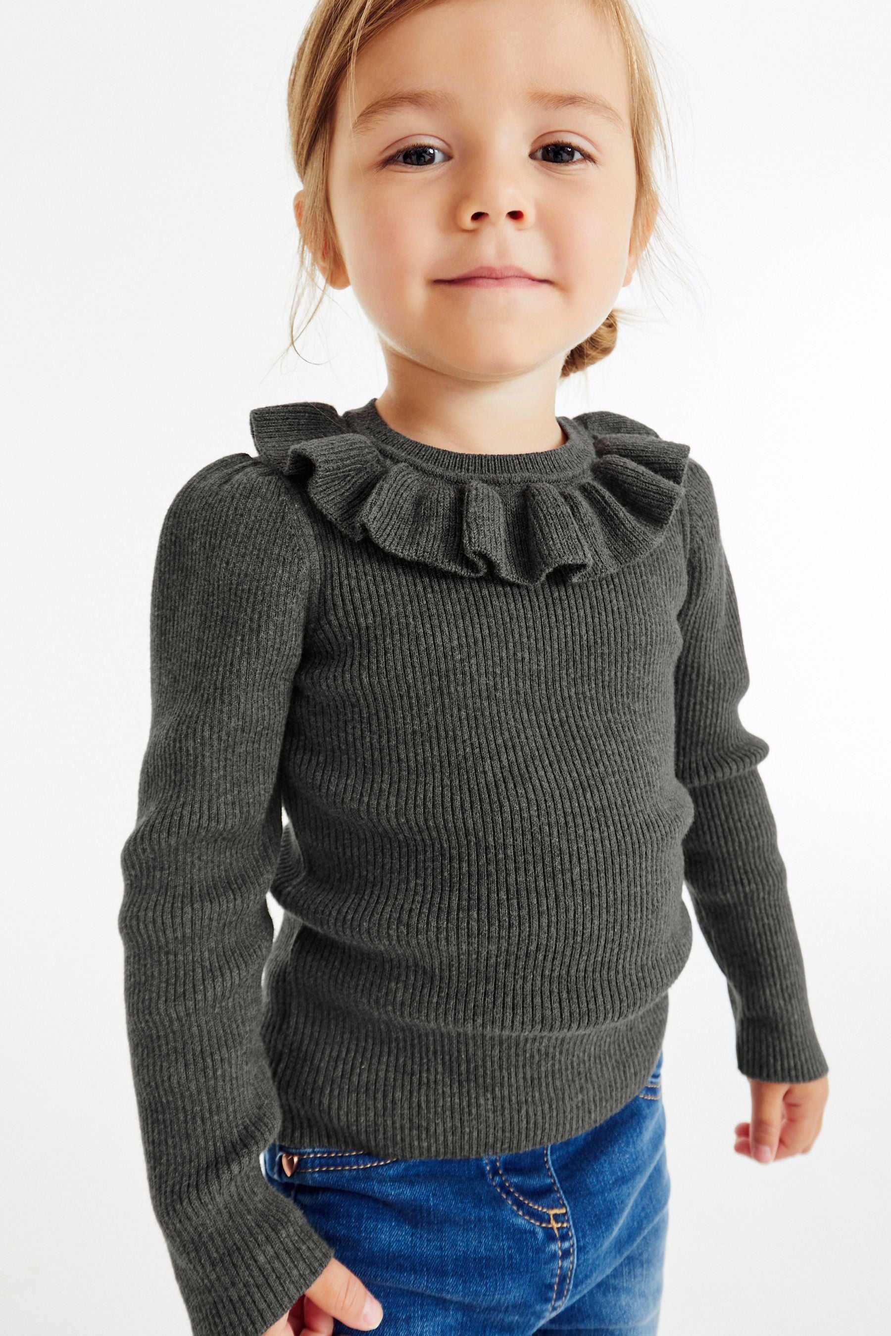 Charcoal Grey Frill Neck Jumper (3mths-7yrs)