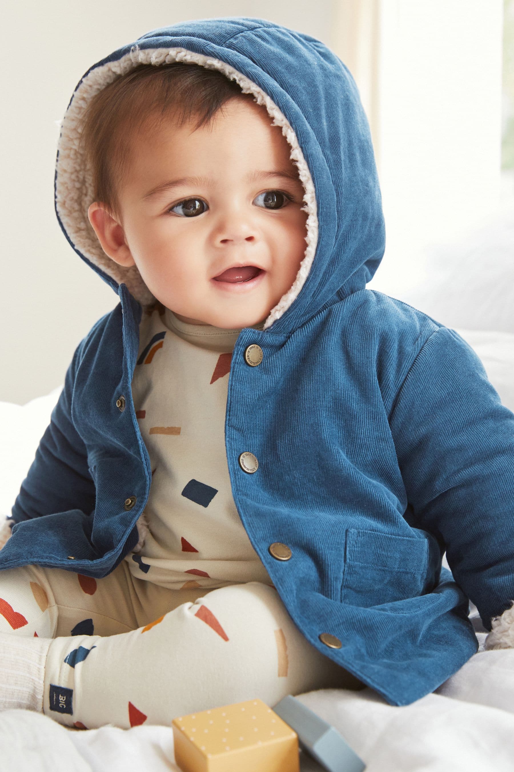 Navy Blue Cord Baby Borg Lined Hooded Jacket (0mths-2yrs)