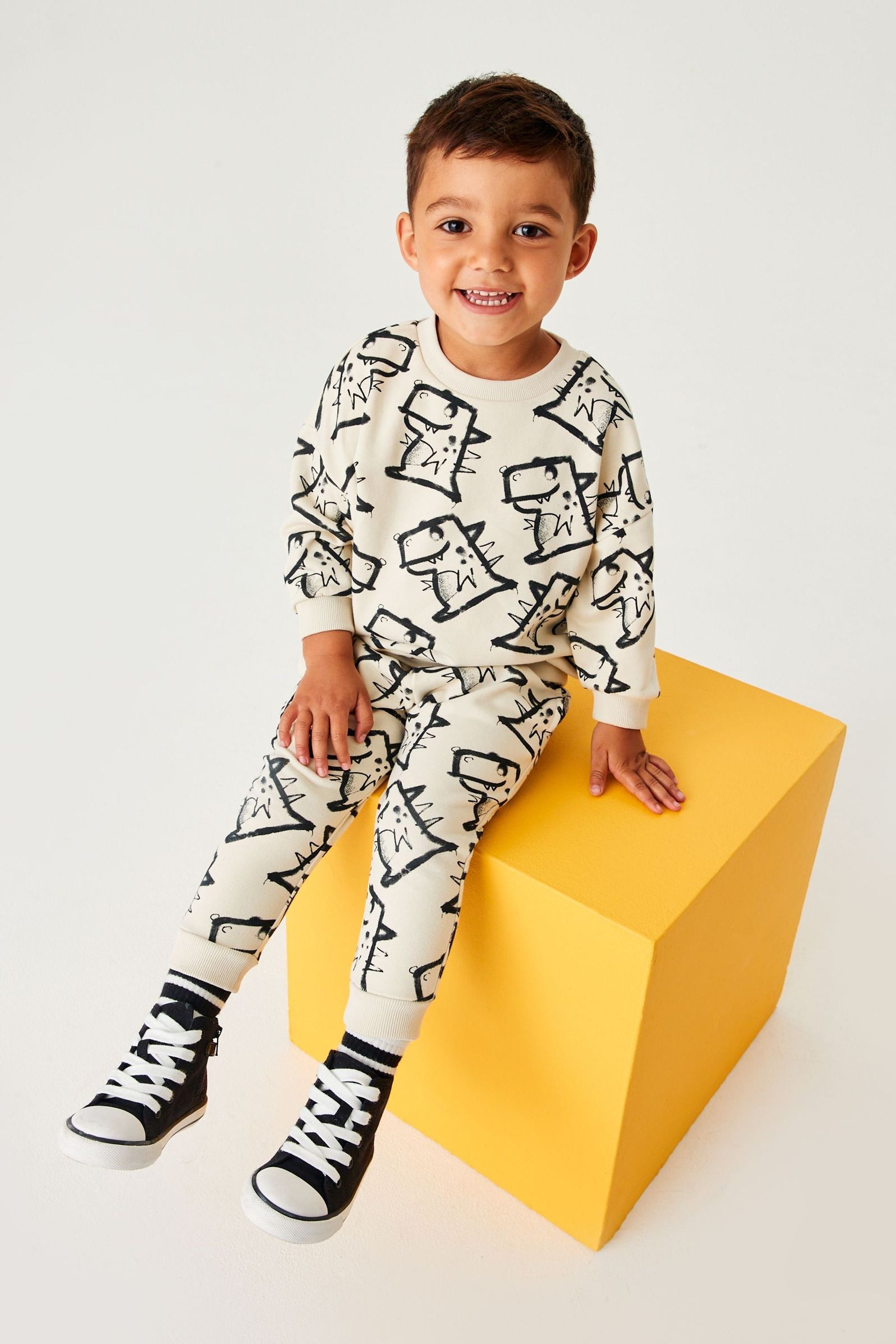 Monochrome Dinosaur All-Over Print Jersey Sweatshirt And Joggers Set (3mths-7yrs)