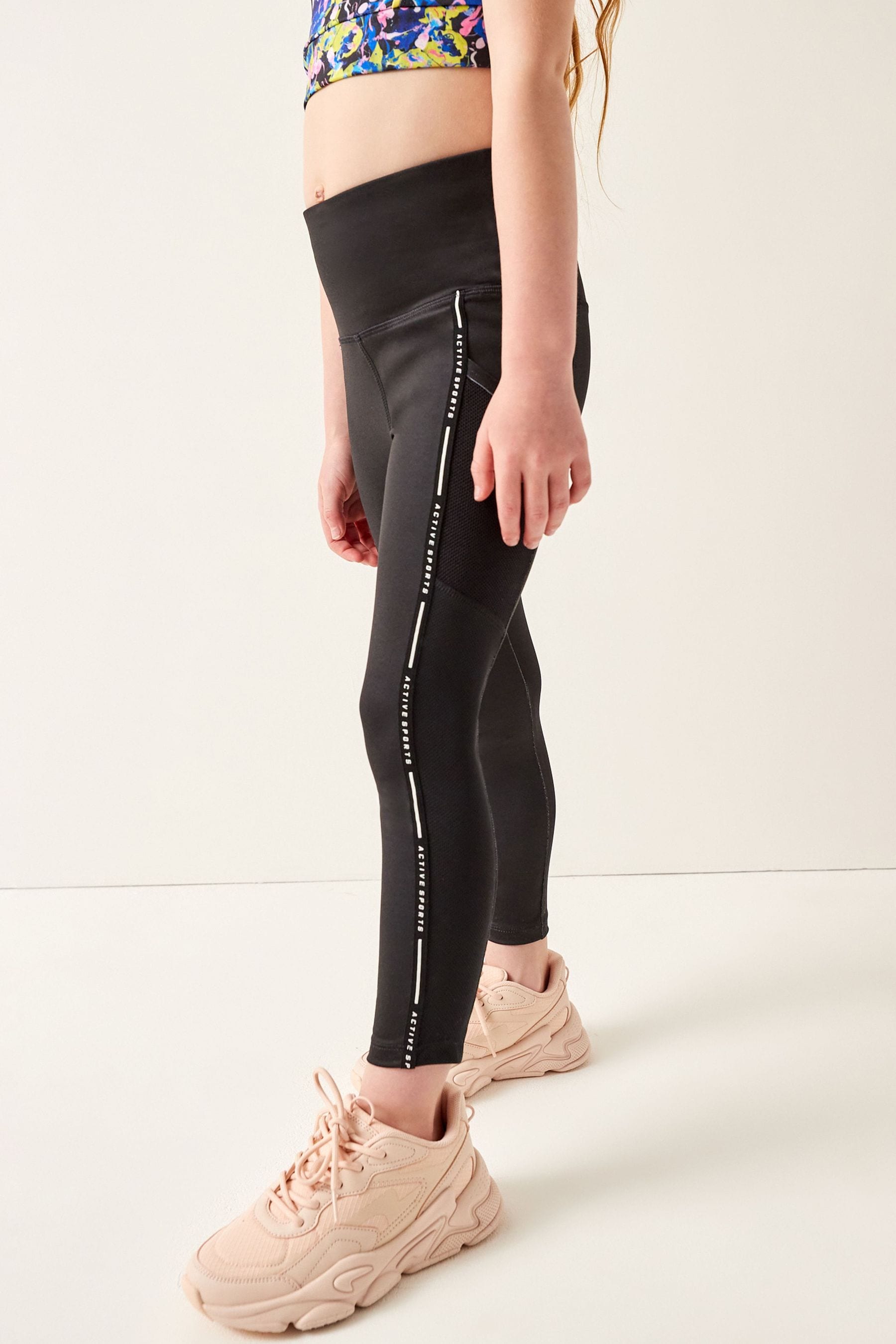 Black Sports Tape Sports Leggings (3-16yrs)