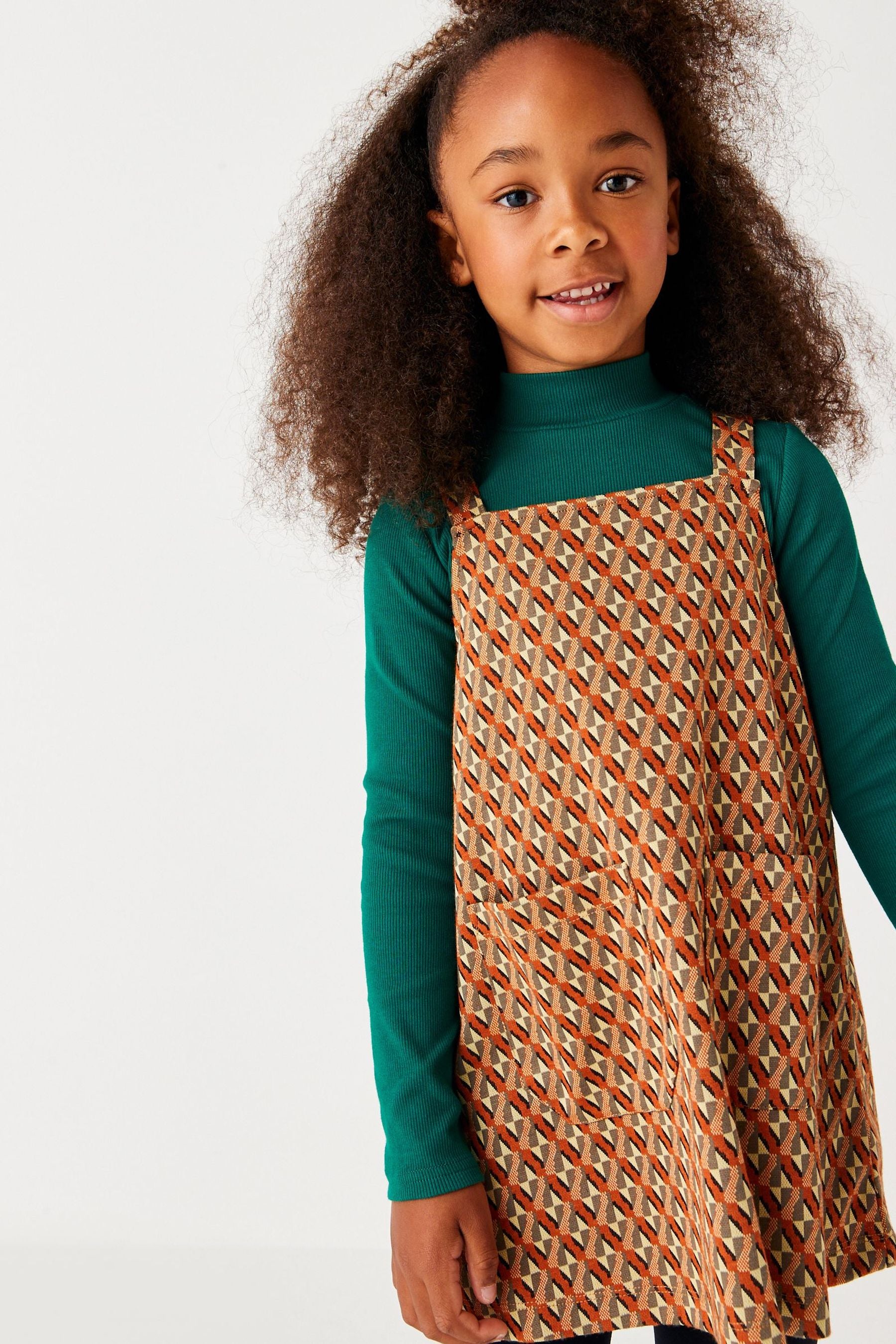 Orange/Green Geo Pinafore Dress And Long Sleeve Top Set (3-16yrs)