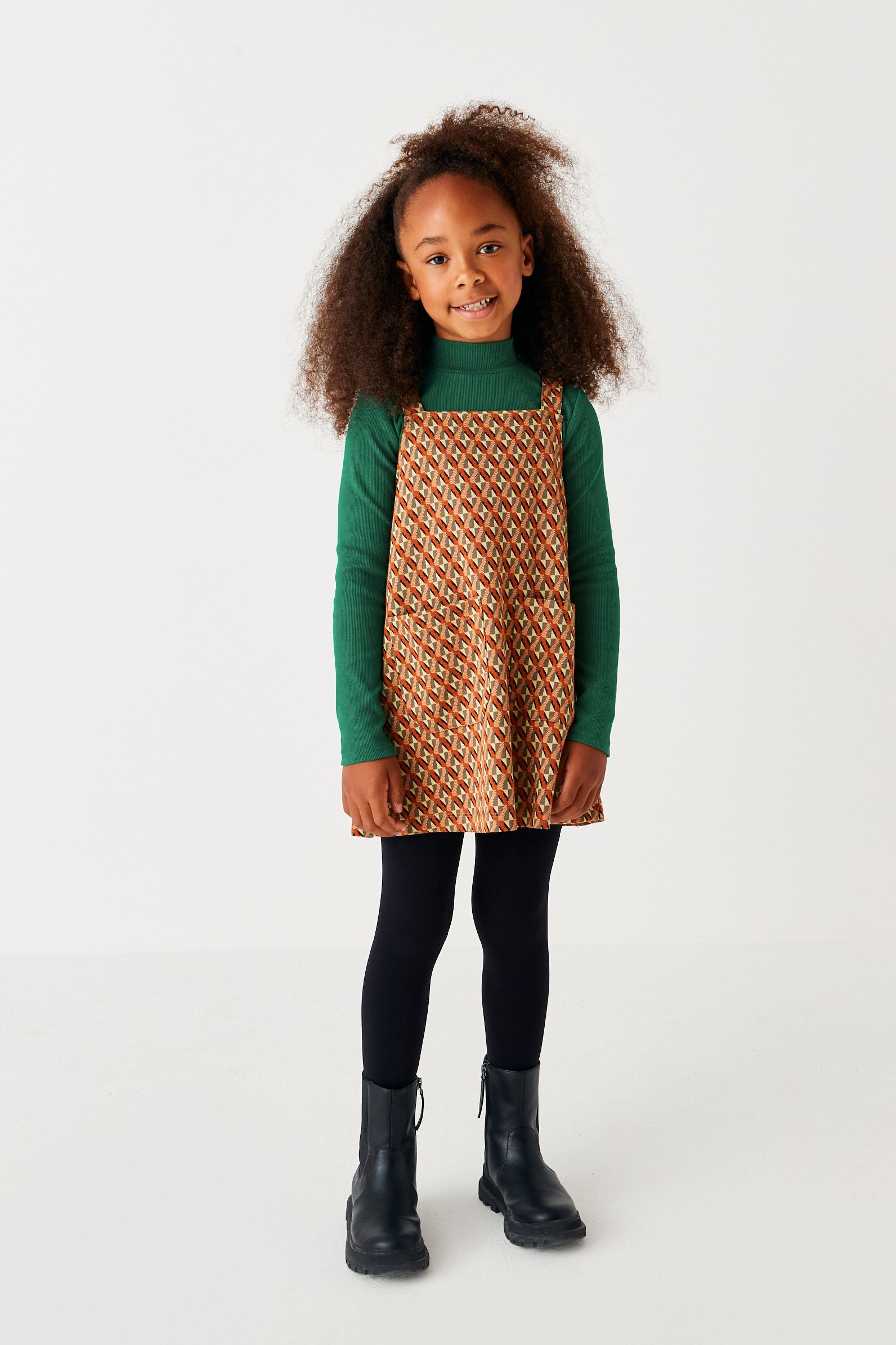 Orange/Green Geo Pinafore Dress And Long Sleeve Top Set (3-16yrs)