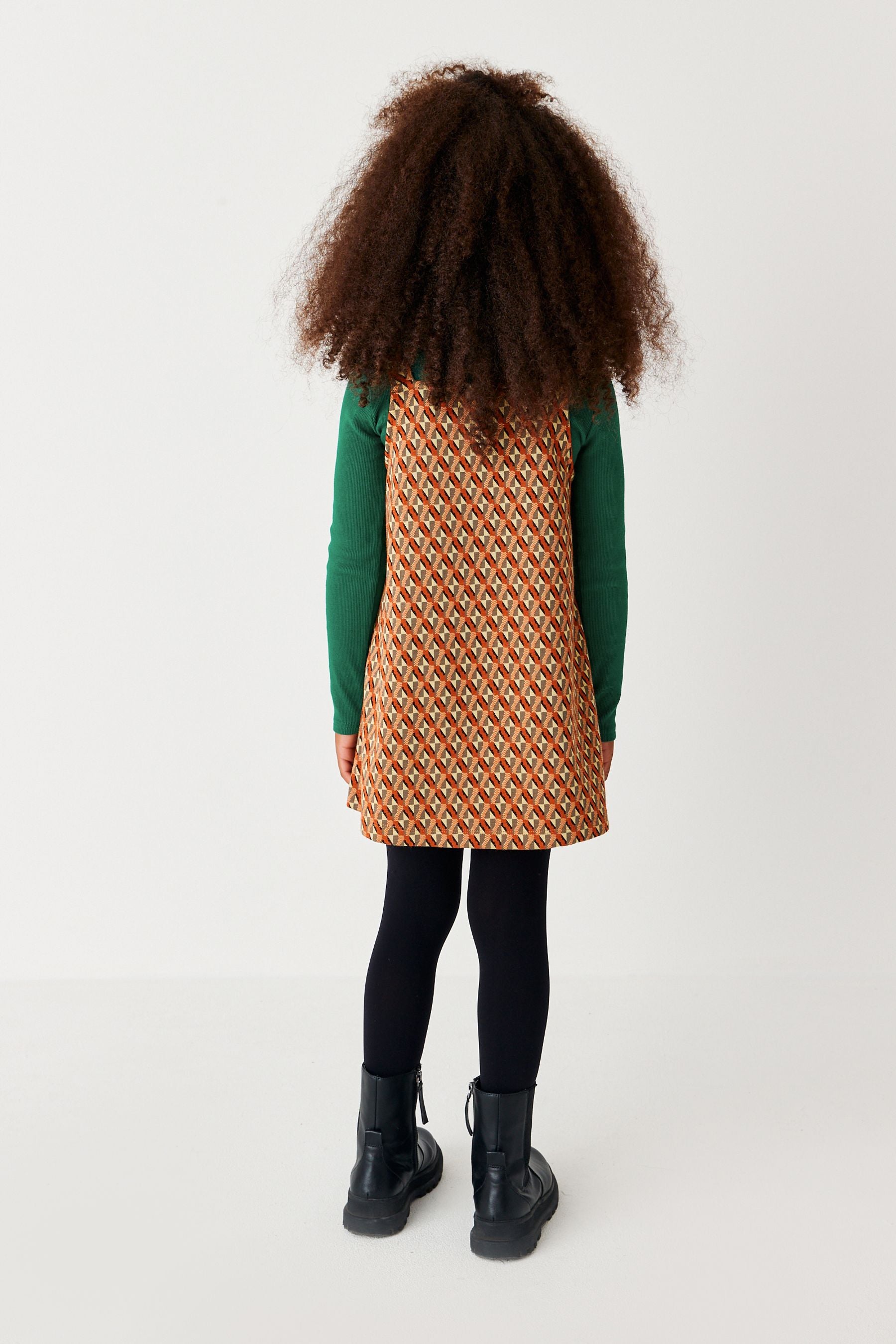 Orange/Green Geo Pinafore Dress And Long Sleeve Top Set (3-16yrs)