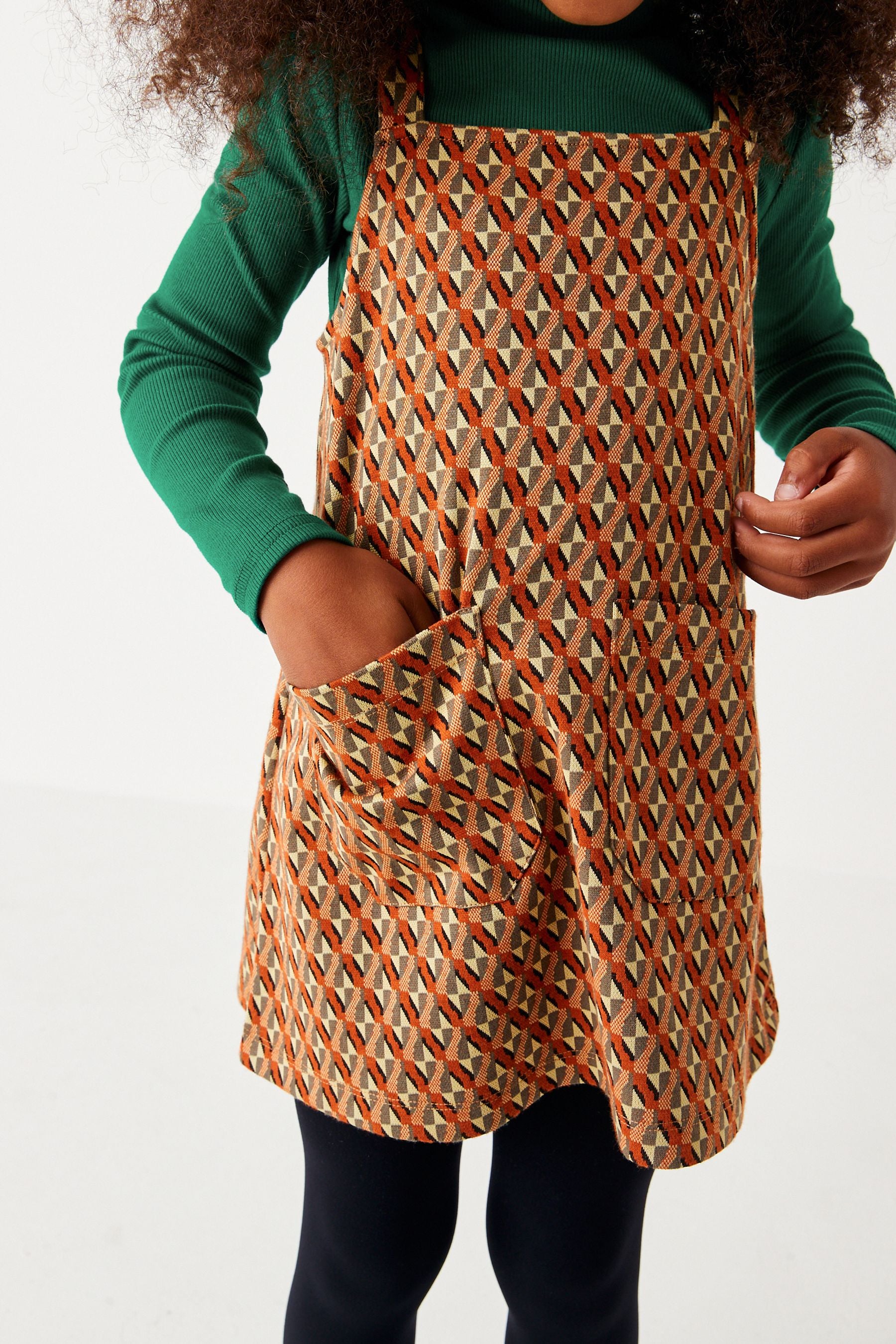 Orange/Green Geo Pinafore Dress And Long Sleeve Top Set (3-16yrs)