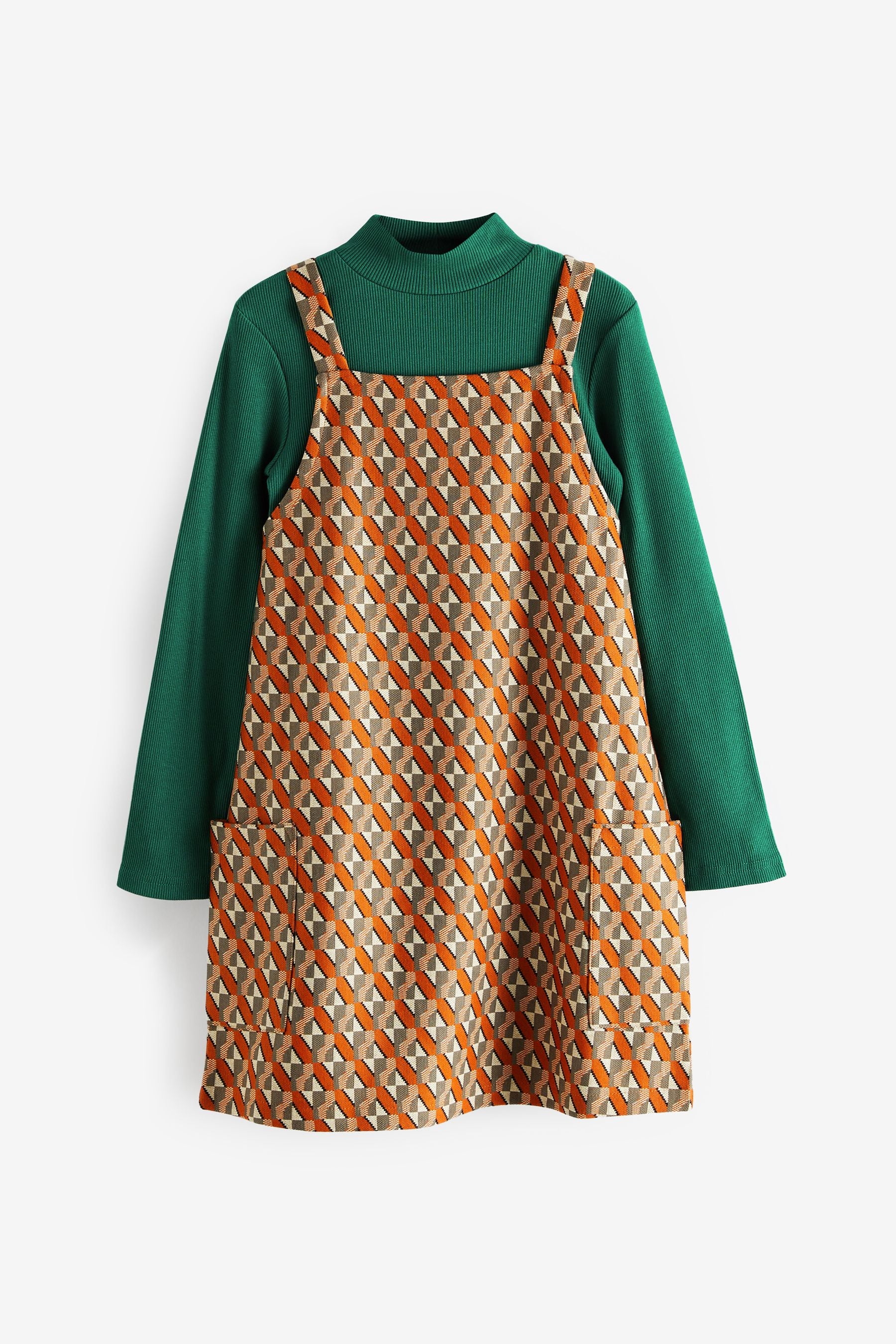 Orange/Green Geo Pinafore Dress And Long Sleeve Top Set (3-16yrs)