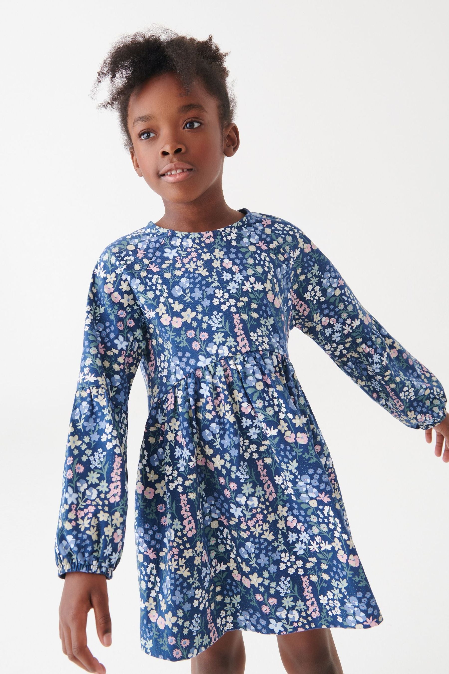 Navy Blue Floral Long Sleeve Dress (3-16yrs)