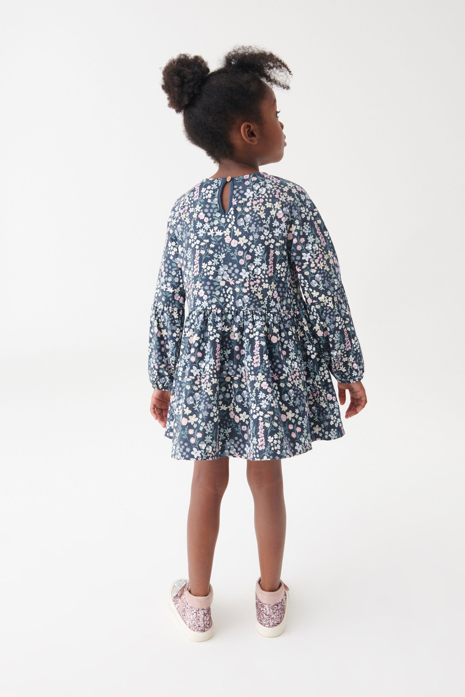 Navy Blue Floral Long Sleeve Dress (3-16yrs)